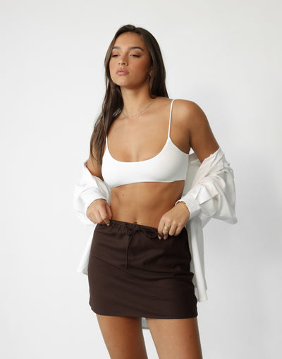 Maya Mini Skirt (Chocolate) | Tie Up Elasticated Waist Linen Mini Skirt - Women's Skirt - Charcoal Clothing