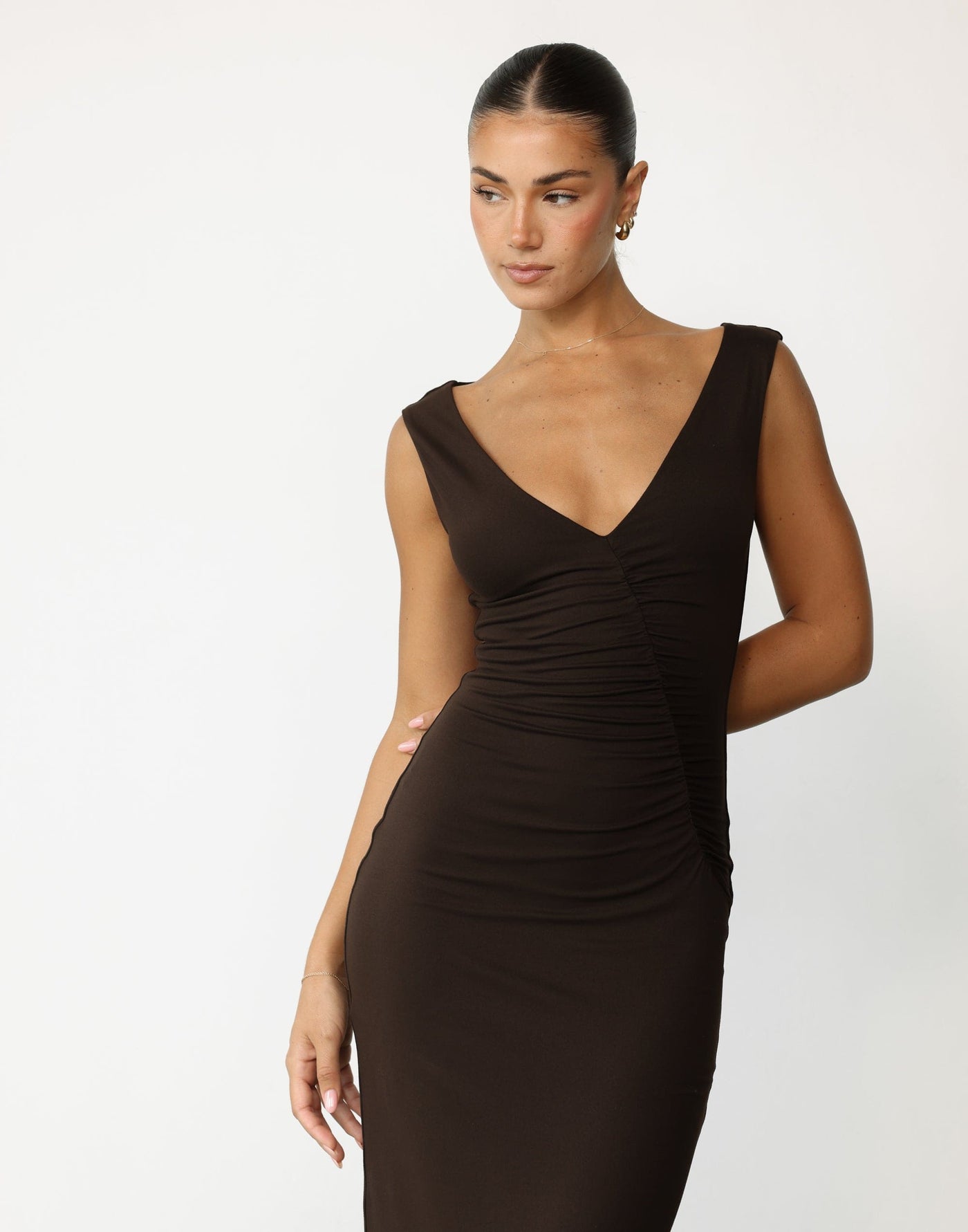 Viola Maxi Dress (Chocolate) | CHARCOAL Exclusive - Low V-neck Bodycon Ruched Maxi Dress - Women's Dress - Charcoal Clothing