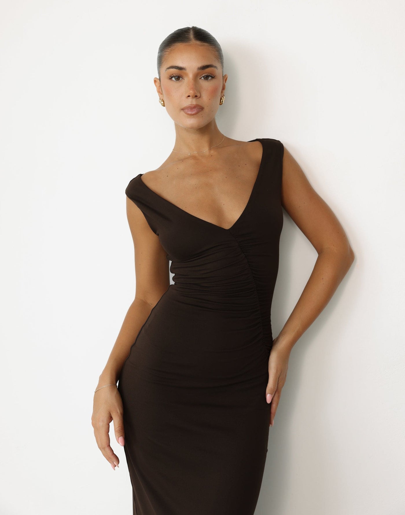 Viola Maxi Dress (Chocolate) | CHARCOAL Exclusive - Low V-neck Bodycon Ruched Maxi Dress - Women's Dress - Charcoal Clothing