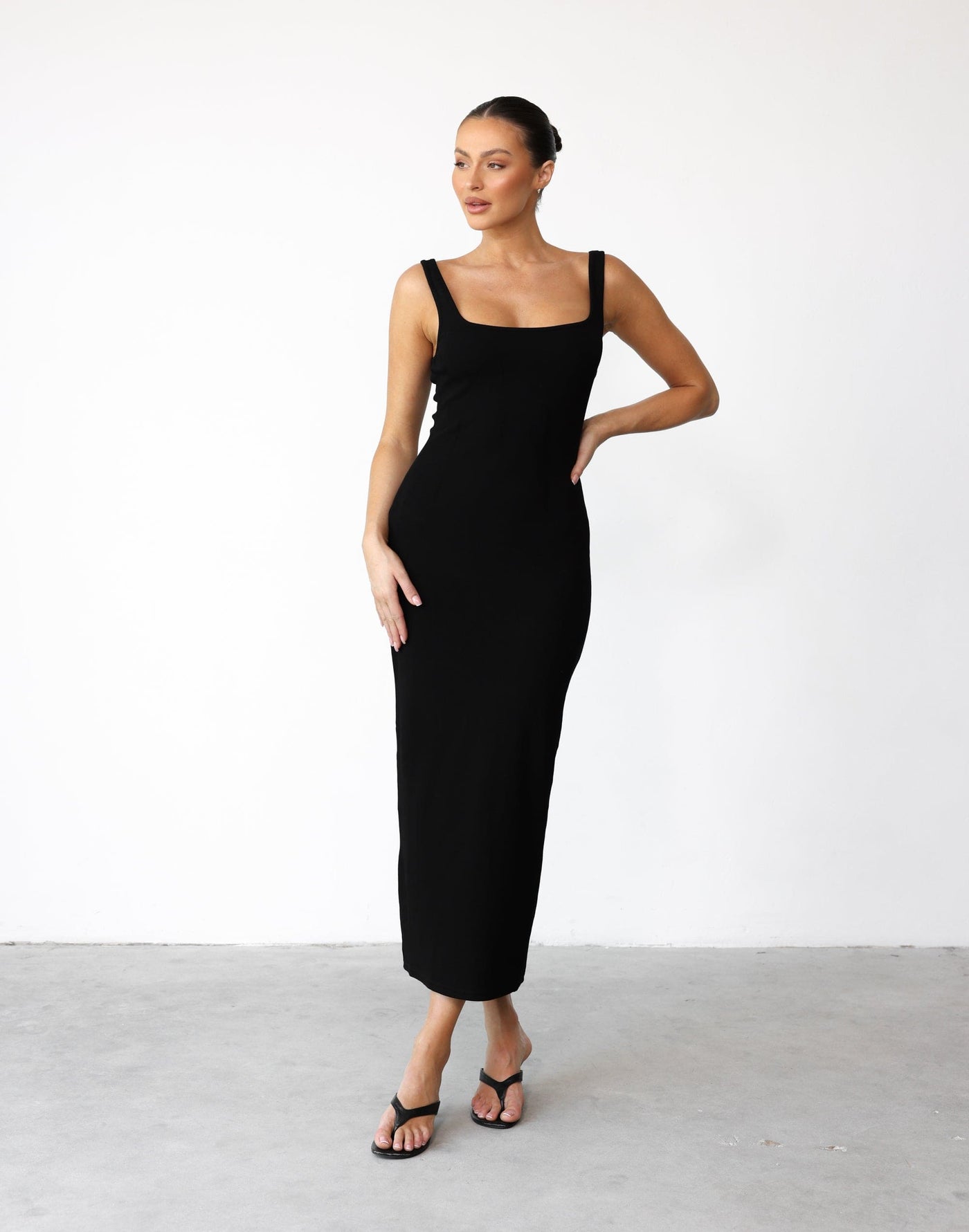 Lenika Maxi Dress (Black) - Bodycon Knit Round Square Neck Maxi - Women's Dress - Charcoal Clothing