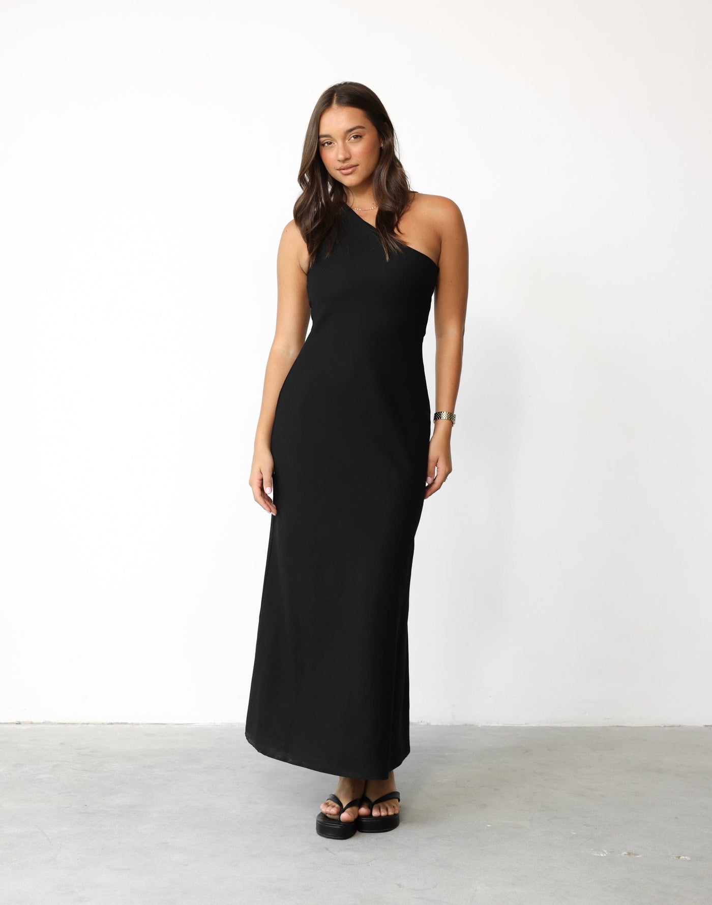 Rema Maxi Dress (Black) | CHARCOAL Exclusive - Asymmetrical Neckline Flared Skirt Linen Blend Maxi - Women's Dress - Charcoal Clothing
