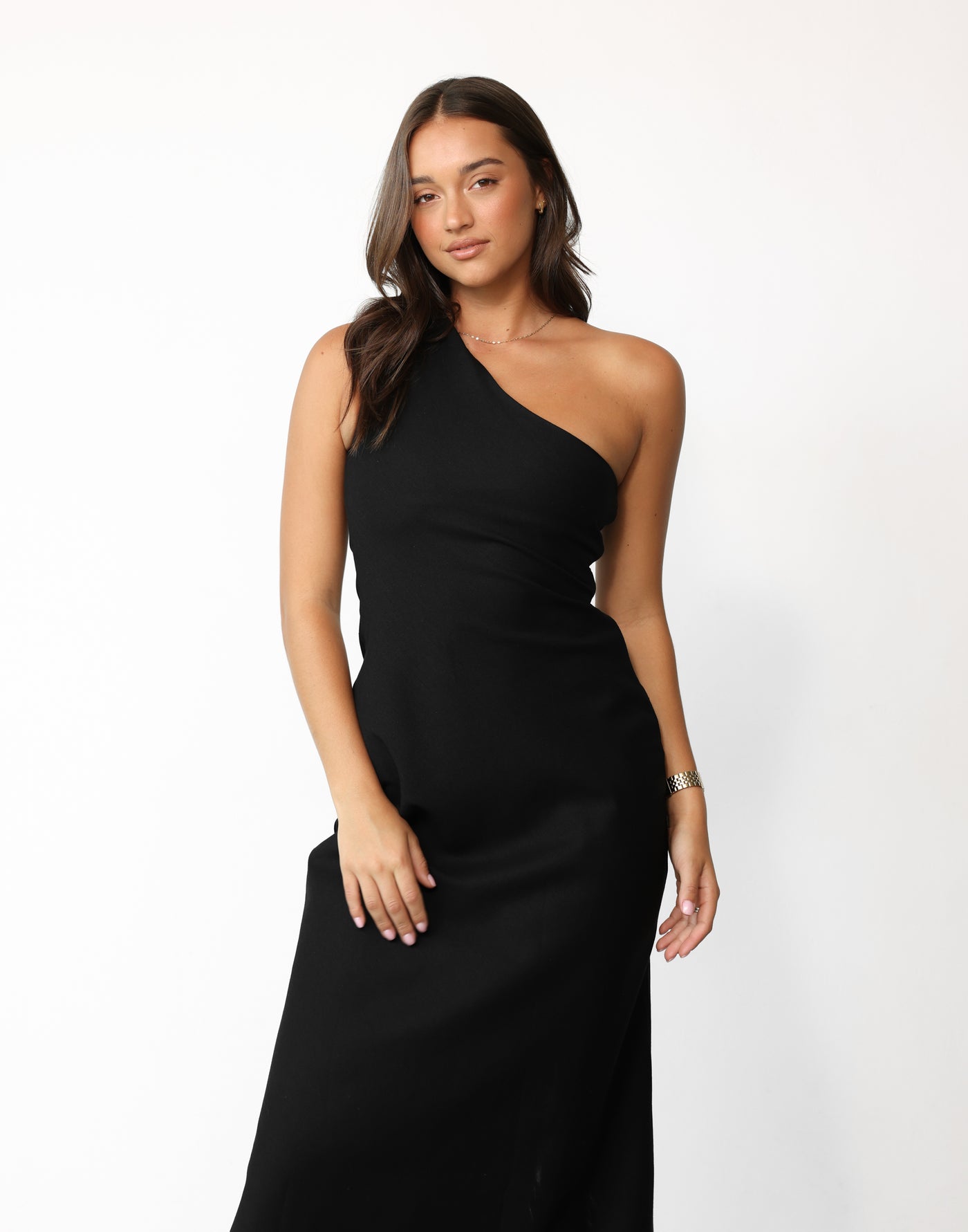 Rema Maxi Dress (Black) | CHARCOAL Exclusive - Asymmetrical Neckline Flared Skirt Linen Blend Maxi - Women's Dress - Charcoal Clothing