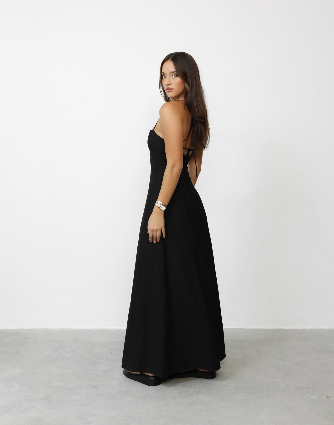Mirielle Maxi Dress (Black) | CHARCOAL Exclusive - Tie-up Back Suiting Straight Neckline Maxi Dress - Women's Dress - Charcoal Clothing