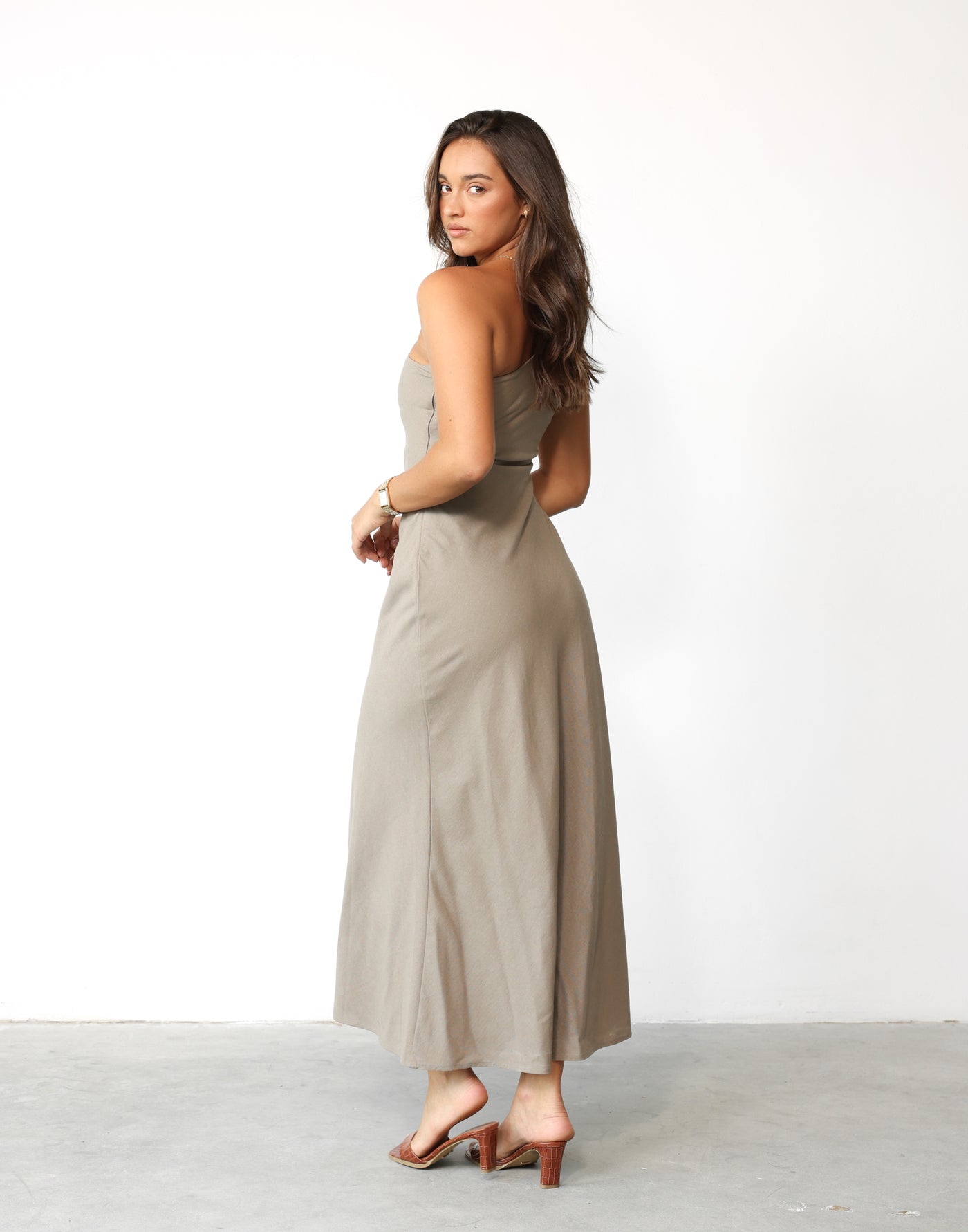 Rema Maxi Dress (Stone) | CHARCOAL Exclusive - Asymmetrical Neckline Flared Skirt Linen Blend Maxi - Women's Dress - Charcoal Clothing