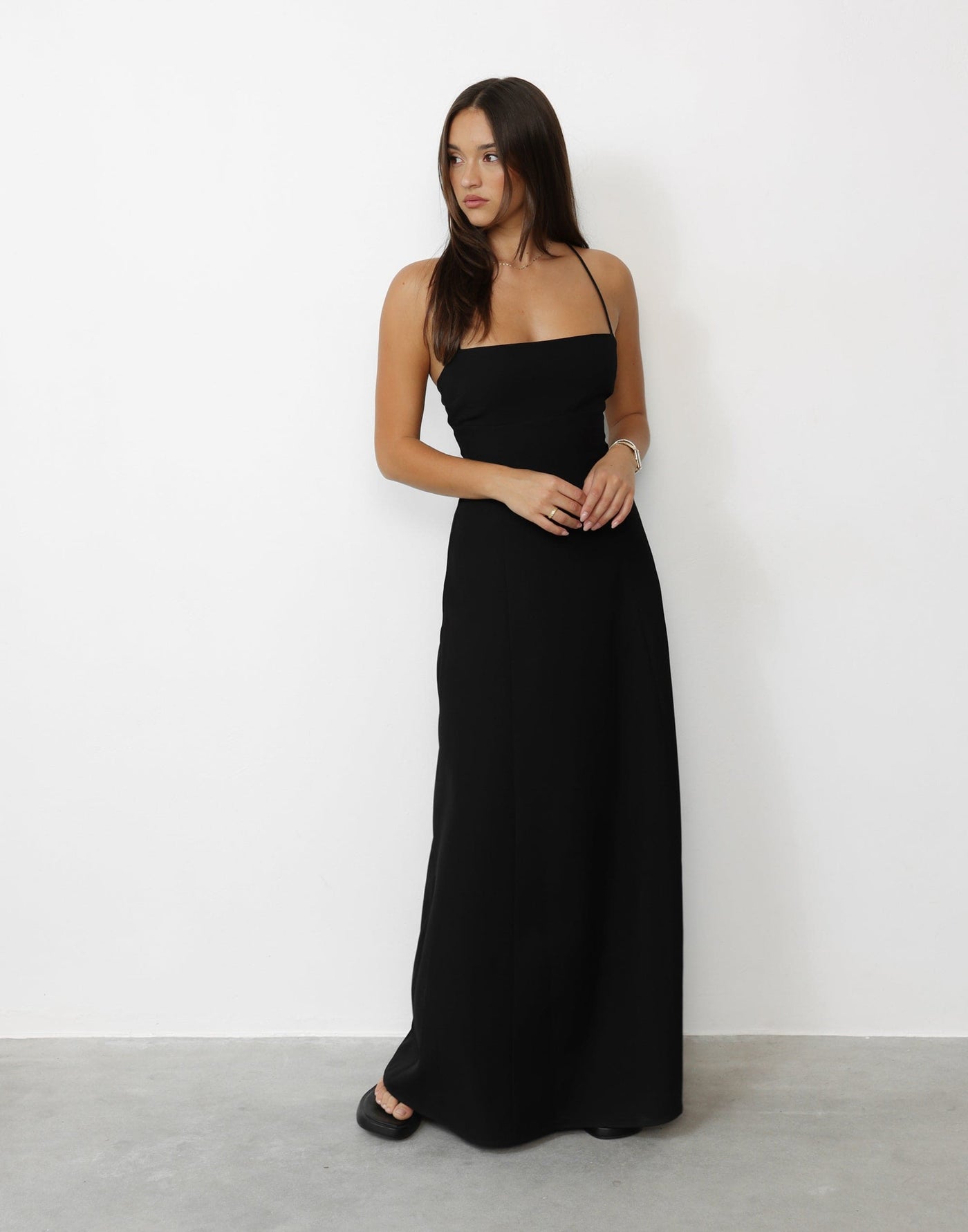 Mirielle Maxi Dress (Black) | CHARCOAL Exclusive - Tie-up Back Suiting Straight Neckline Maxi Dress - Women's Dress - Charcoal Clothing