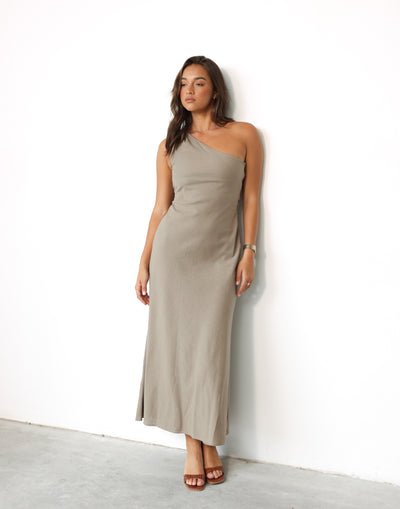 Rema Maxi Dress (Stone) | CHARCOAL Exclusive - Asymmetrical Neckline Flared Skirt Linen Blend Maxi - Women's Dress - Charcoal Clothing