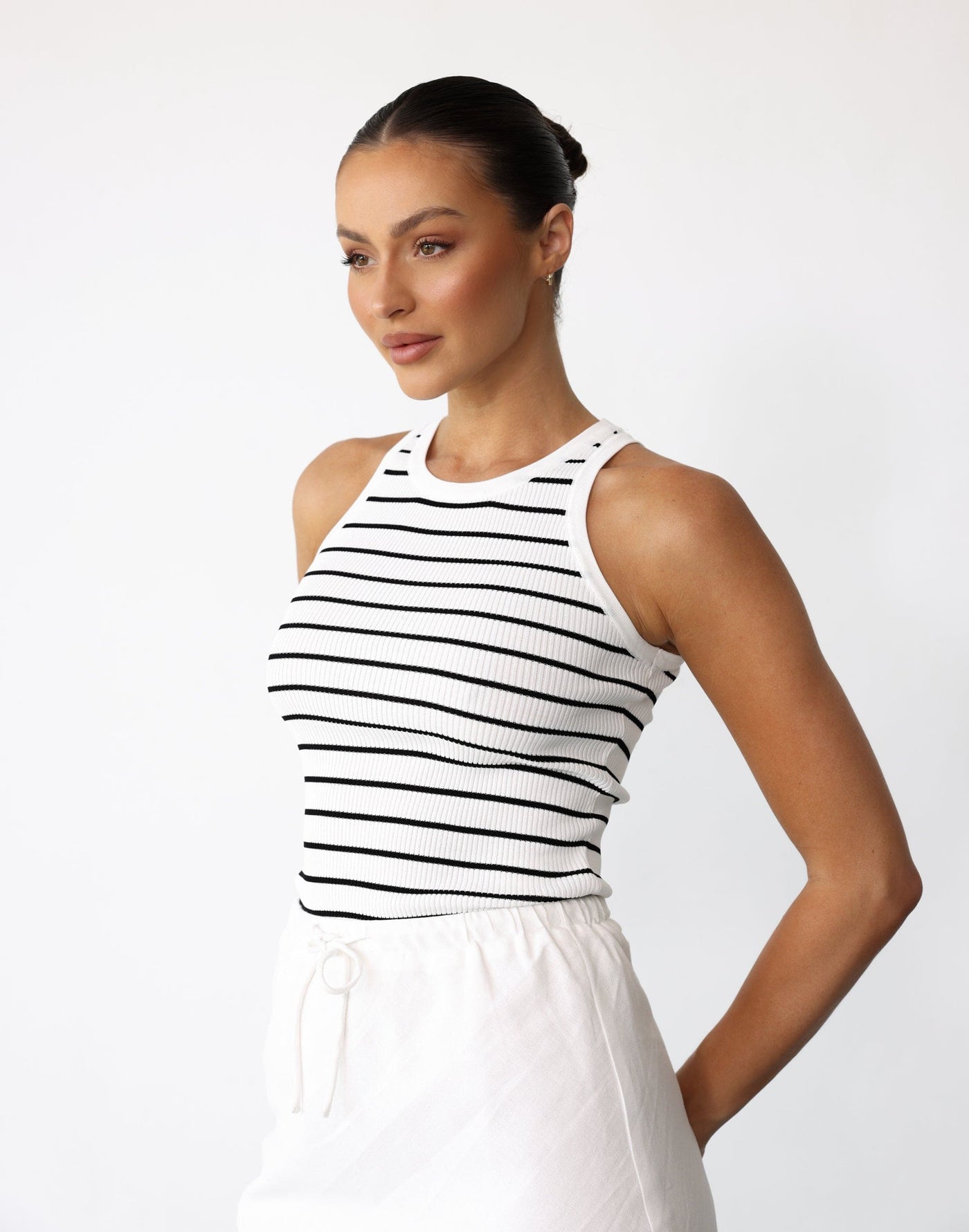Eleynah Tank Top (White/Black) - Striped Ribbed High Neck Tank - Women's Top - Charcoal Clothing