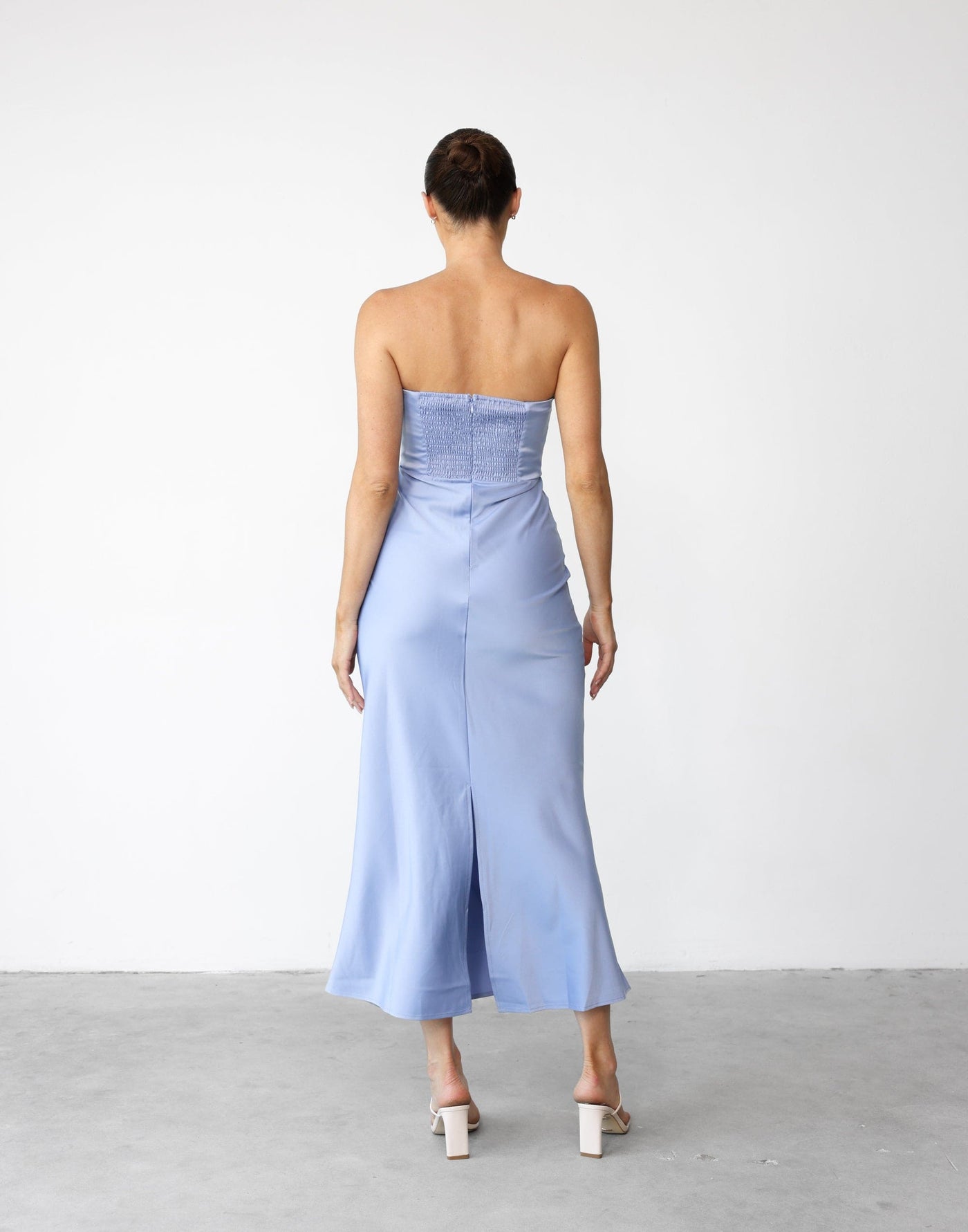 Cate Maxi Dress (Blue) - Satin Strapless Shirred Back Maxi - Women's Dress - Charcoal Clothing