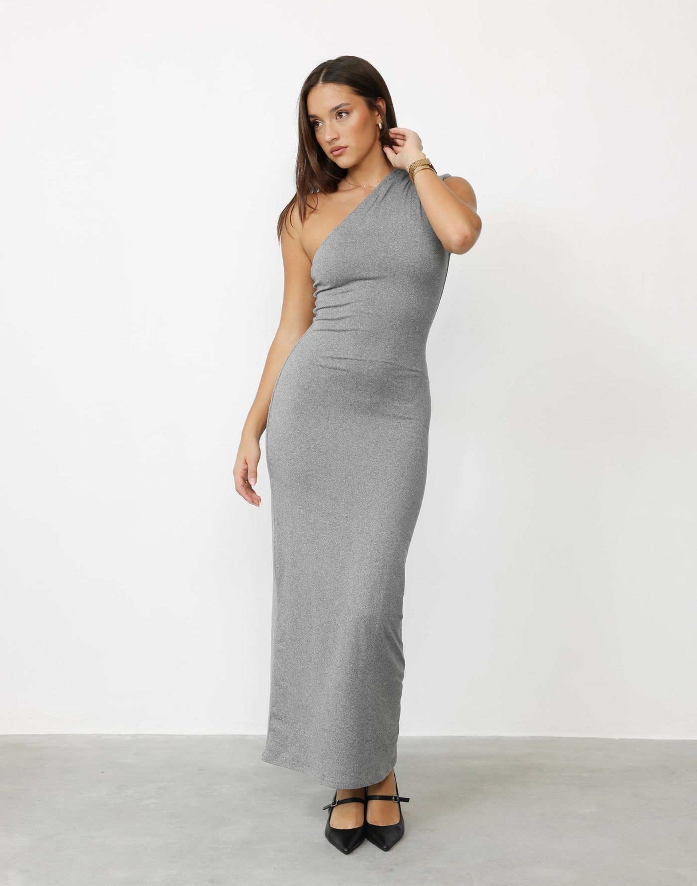 Jovelle Maxi Dress (Grey) | CHARCOAL Exclusive - Bodycon Thick One Shoulder Marle Maxi Dress - Women's Dress - Charcoal Clothing