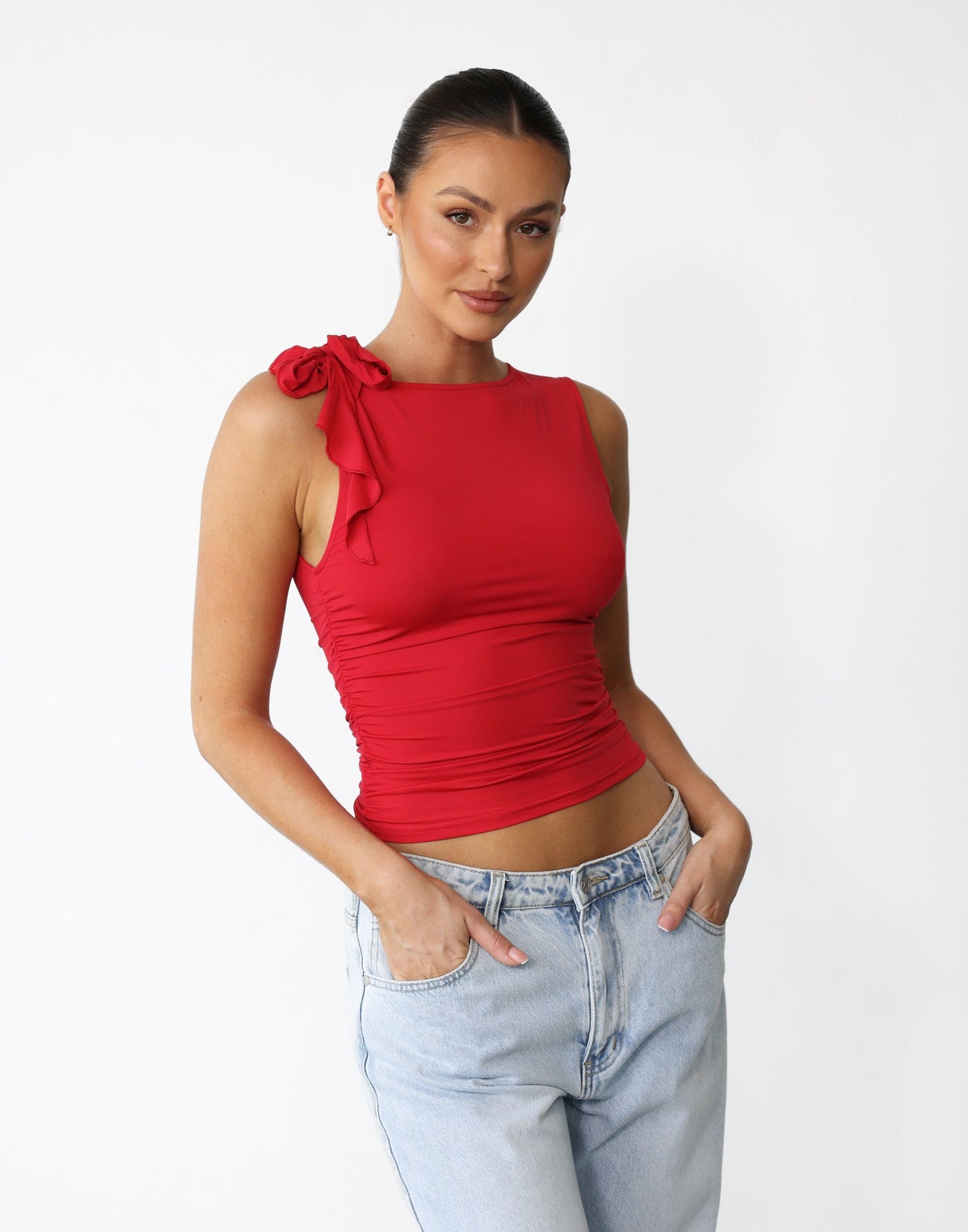 Rendezvous Top (Crimson) - By Lioness - Frill Detail Bodycon Top - Women's Top - Charcoal Clothing