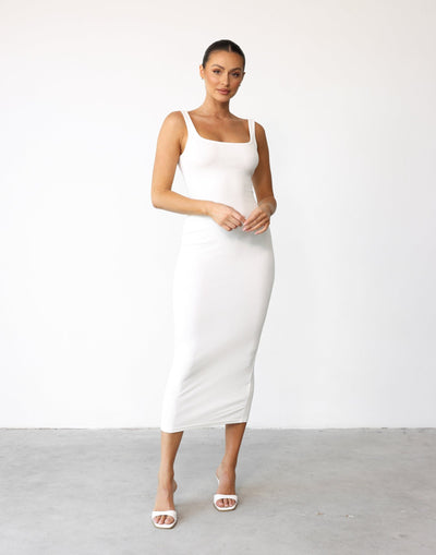 Lenika Maxi Dress (White) - Bodycon Knit Round Square Neck Maxi - Women's Dress - Charcoal Clothing
