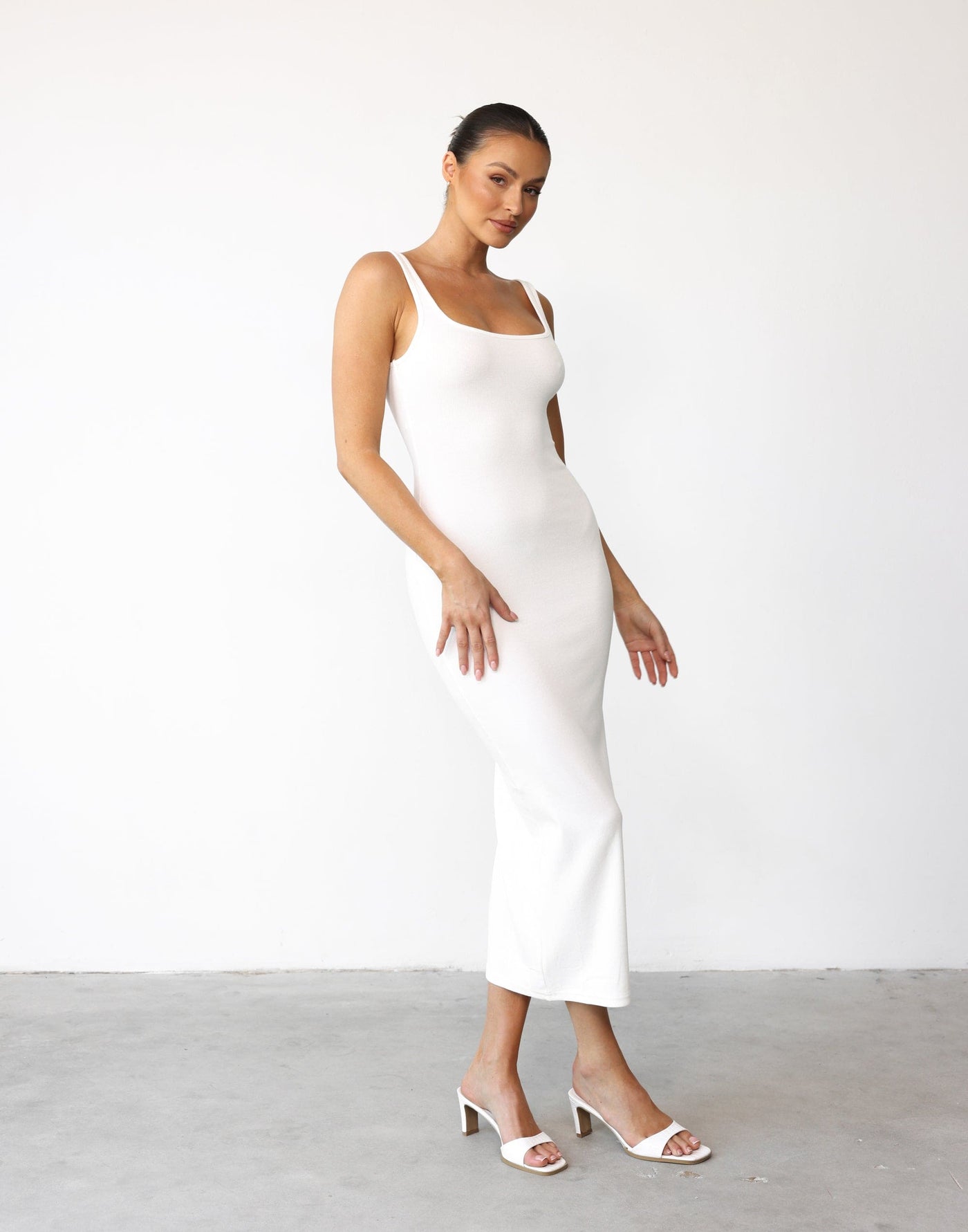 Lenika Maxi Dress (White) - Bodycon Knit Round Square Neck Maxi - Women's Dress - Charcoal Clothing