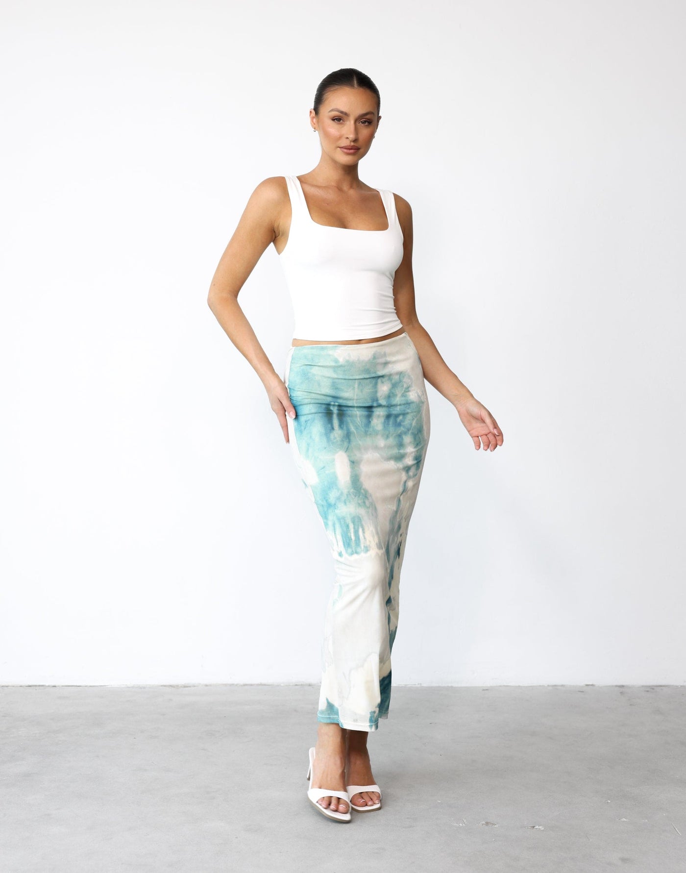 Tammy Maxi Skirt (Blue Marble) | Charcoal Clothing Exclusive - Printed Mesh Overlay Bodycon Skirt - Women's Skirt - Charcoal Clothing