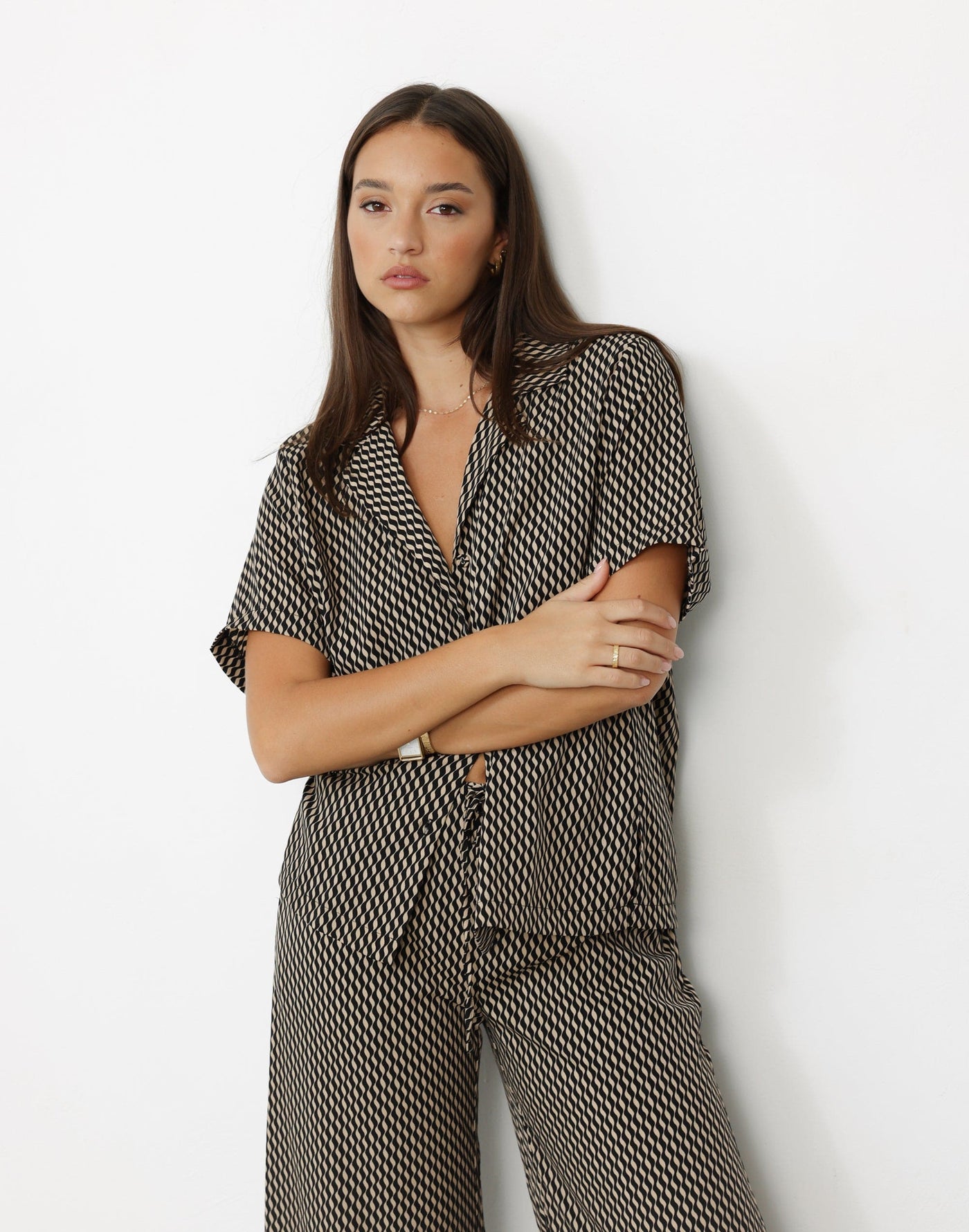 Zaya Shirt (Sand Ripple) | CHARCOAL Exclusive - Short Sleeved Patterned Button Closure Shirt - Women's Top - Charcoal Clothing