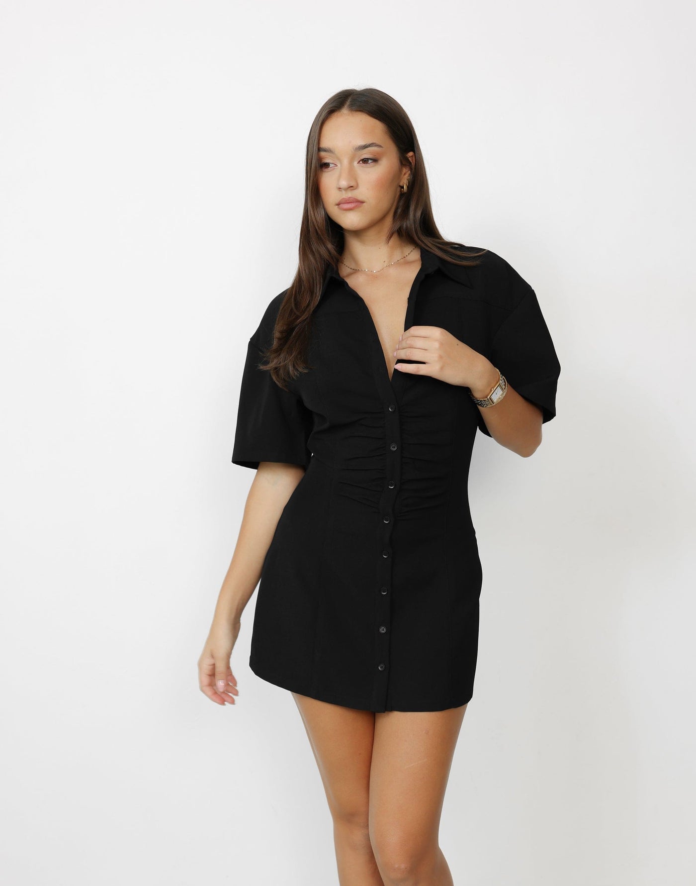 Etta Mini Dress (Black) | CHARCOAL Exclusive - Cinched Ruched Waist Boxy Fit Top Mini Dress - Women's Dress - Charcoal Clothing