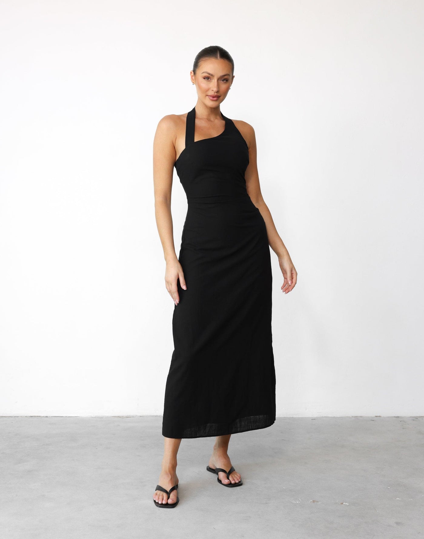 Nakia Maxi Dress (Black) - Asymmetrical Strap Neckline Cotton Blend Maxi - Women's Top - Charcoal Clothing