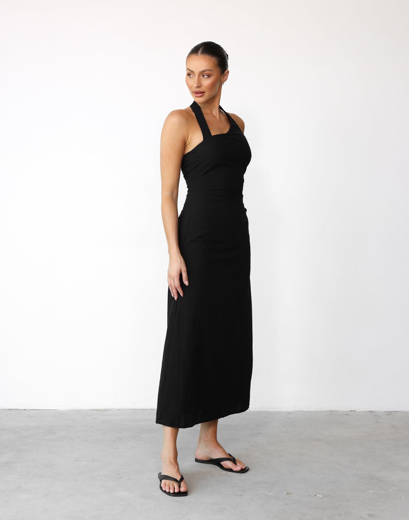 Nakia Maxi Dress (Black) - Asymmetrical Strap Neckline Cotton Blend Maxi - Women's Top - Charcoal Clothing
