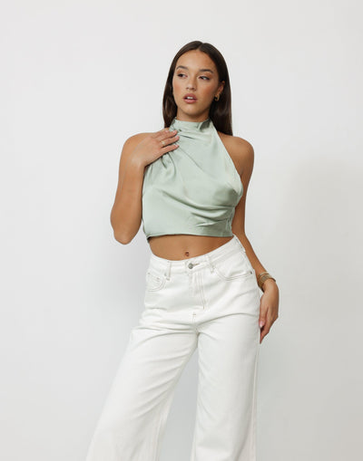 Tinashe Top (Sage) - High Neck Satin Tie Up Back Top - Women's Top - Charcoal Clothing