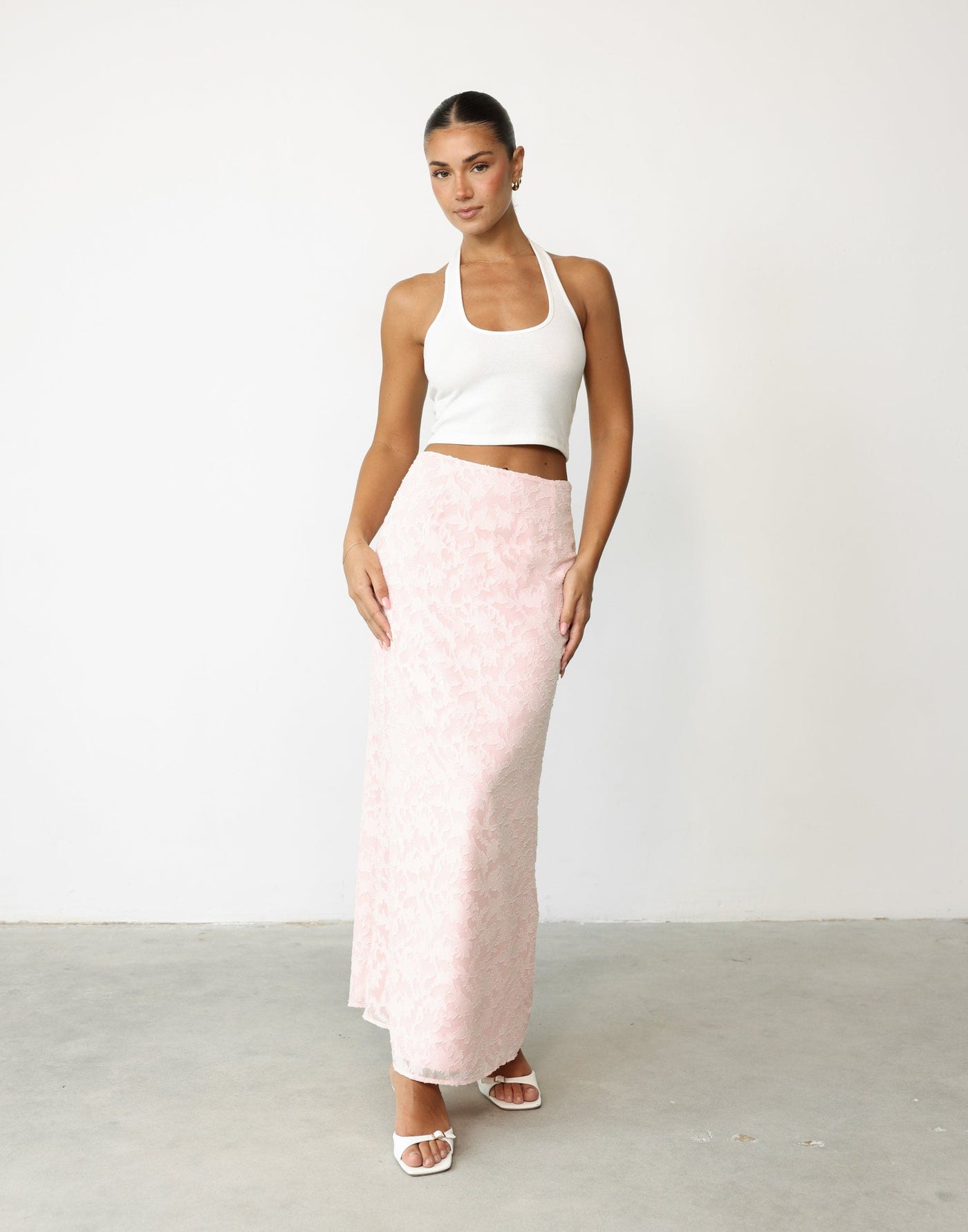 Juliet Maxi Skirt (Blush) | CHARCOAL Exclusive - High Waisted Textured Floral Print Maxi Skirt - Women's Dress - Charcoal Clothing