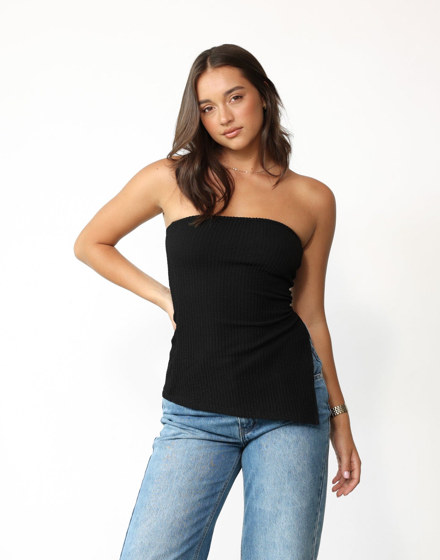 Diane Top (Black) - Strapless Textured Jersey Asymmetrical Hem Top - Women's Top - Charcoal Clothing