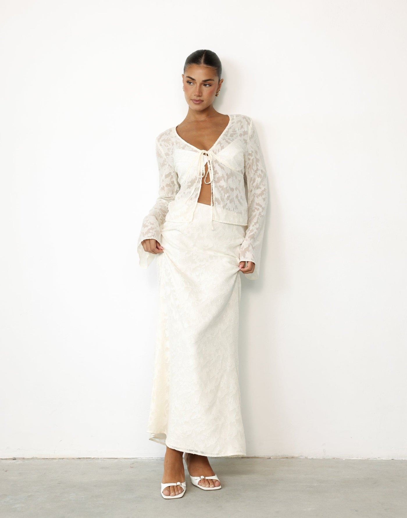 Juliet Maxi Skirt (Cream) | CHARCOAL Exclusive - High Waisted Textured Floral Print Maxi Skirt - Women's Dress - Charcoal Clothing