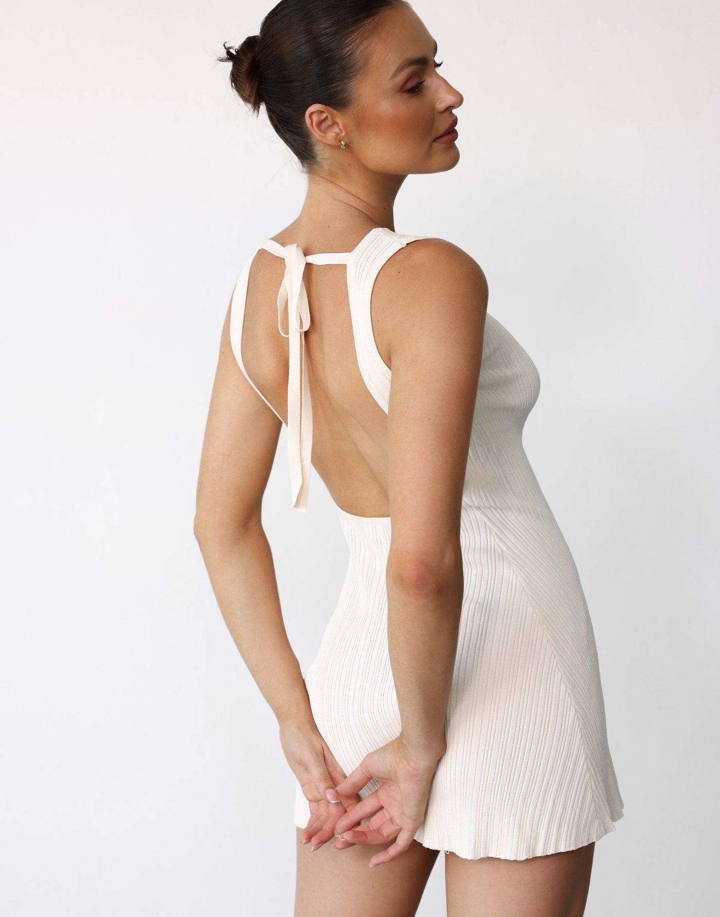 Aylah Midi Dress (Cream) - Textured Backless High Boatneck Mini - Women's Dress - Charcoal Clothing