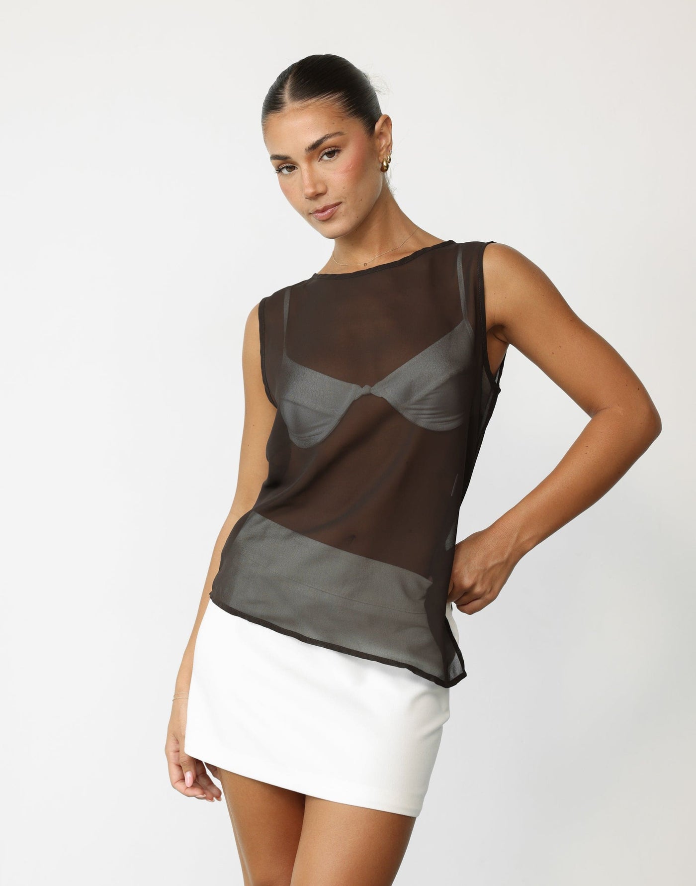 Angelo Top (Chocolate) | CHARCOAL Exclusive - Sheer Asymmetrical Hem Top - Women's Top - Charcoal Clothing