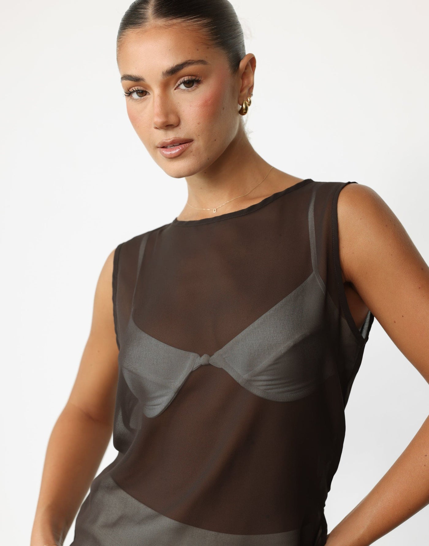 Angelo Top (Chocolate) | CHARCOAL Exclusive - Sheer Asymmetrical Hem Top - Women's Top - Charcoal Clothing