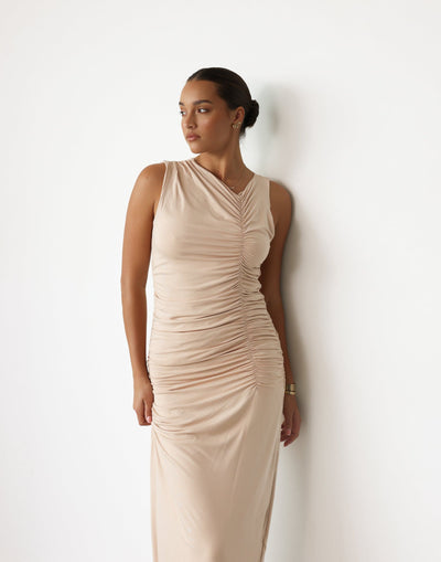 Everleigh Maxi Dress (Beige) - Gathered Bodycon High Neck Maxi Dress - Women's Dress - Charcoal Clothing