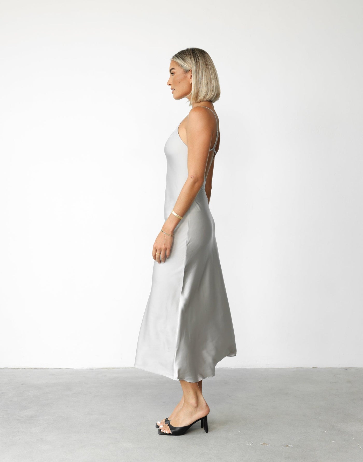 Juliette Satin Dress (Cloud) - By Lioness - Scoop Neck Backless Maxi - Women's Dress - Charcoal Clothing