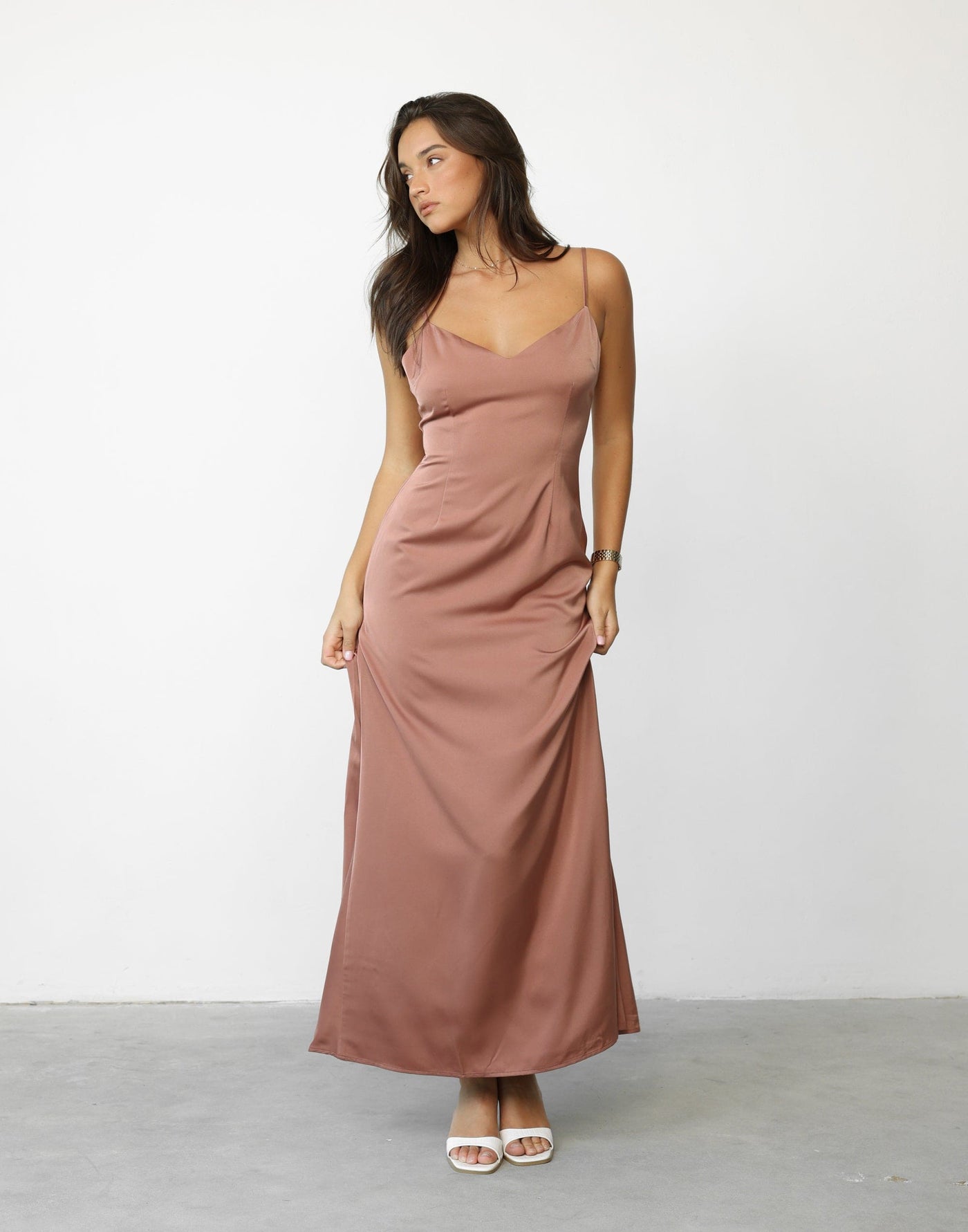 Isabella Maxi Dress (Dusty Rose) - Satin V Neck Thin Strap Maxi - Women's Dress - Charcoal Clothing