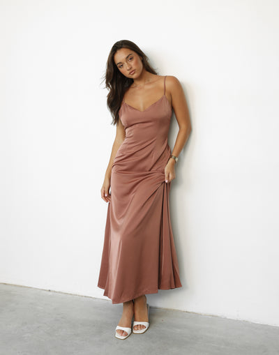 Isabella Maxi Dress (Dusty Rose) - Satin V Neck Thin Strap Maxi - Women's Dress - Charcoal Clothing