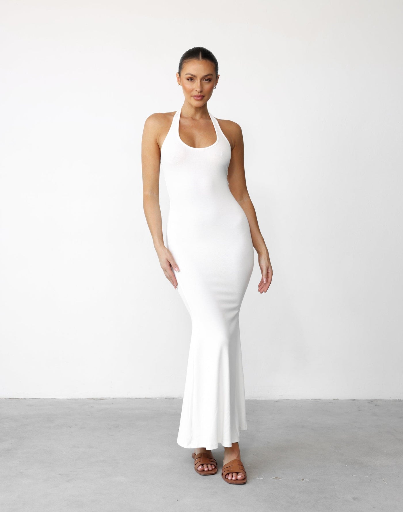 Eve Maxi Dress (White) - Halter Neck Ribbed Maxi Dress - Women's Dress - Charcoal Clothing