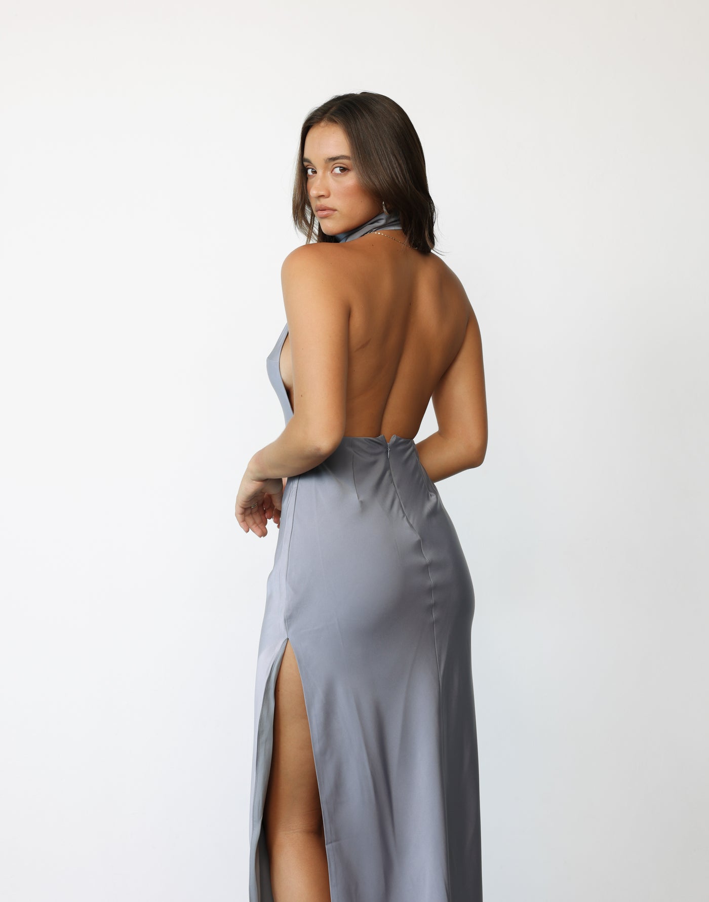 Clara Maxi Dress (Lavender) - Satin High Neck Backless Maxi Dress - Women's Dress - Charcoal Clothing