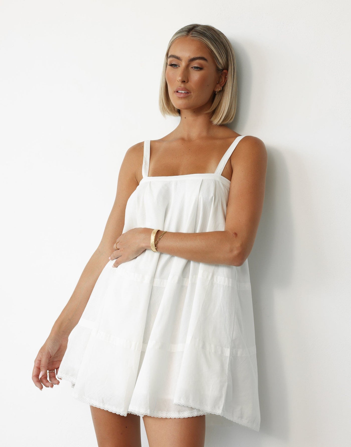 Rosalia Mini Dress (White) - Smock Style Straight Neck Lace Detail Mini Dress - Women's Dress - Charcoal Clothing