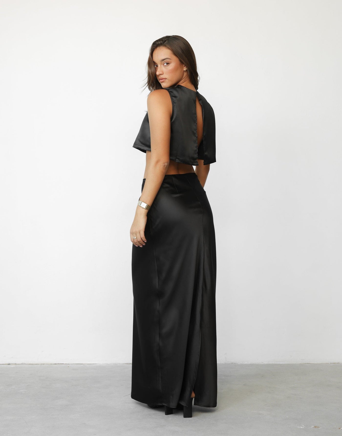 Sincerity Crop Top (Black) - Black Satin Sleeveless Open Back Crop Top - Women's Top - Charcoal Clothing