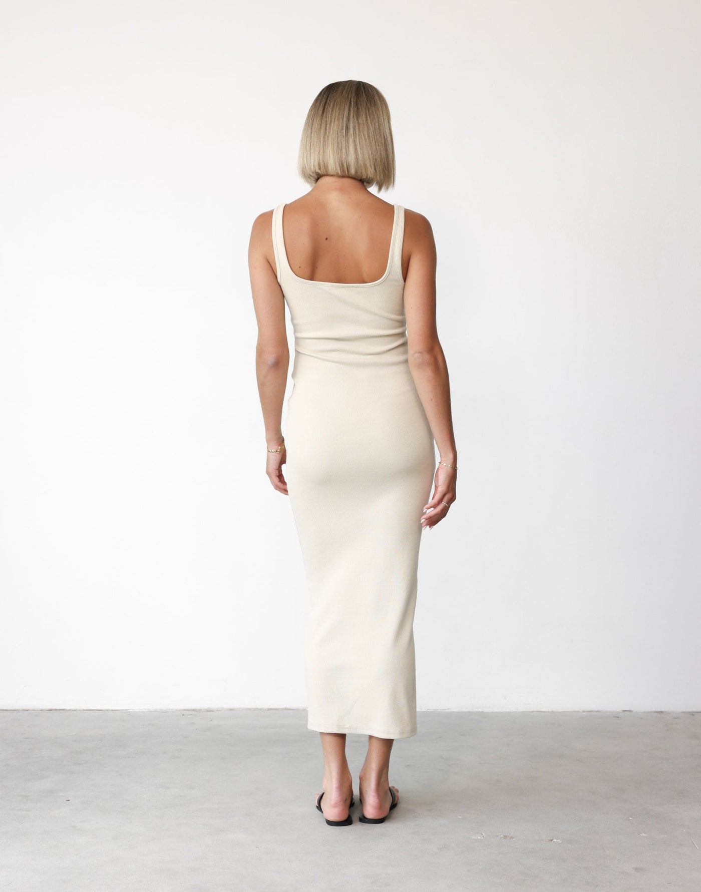 Lenika Maxi Dress (Beige) - Bodycon Knit Round Square Neck Maxi - Women's Dress - Charcoal Clothing