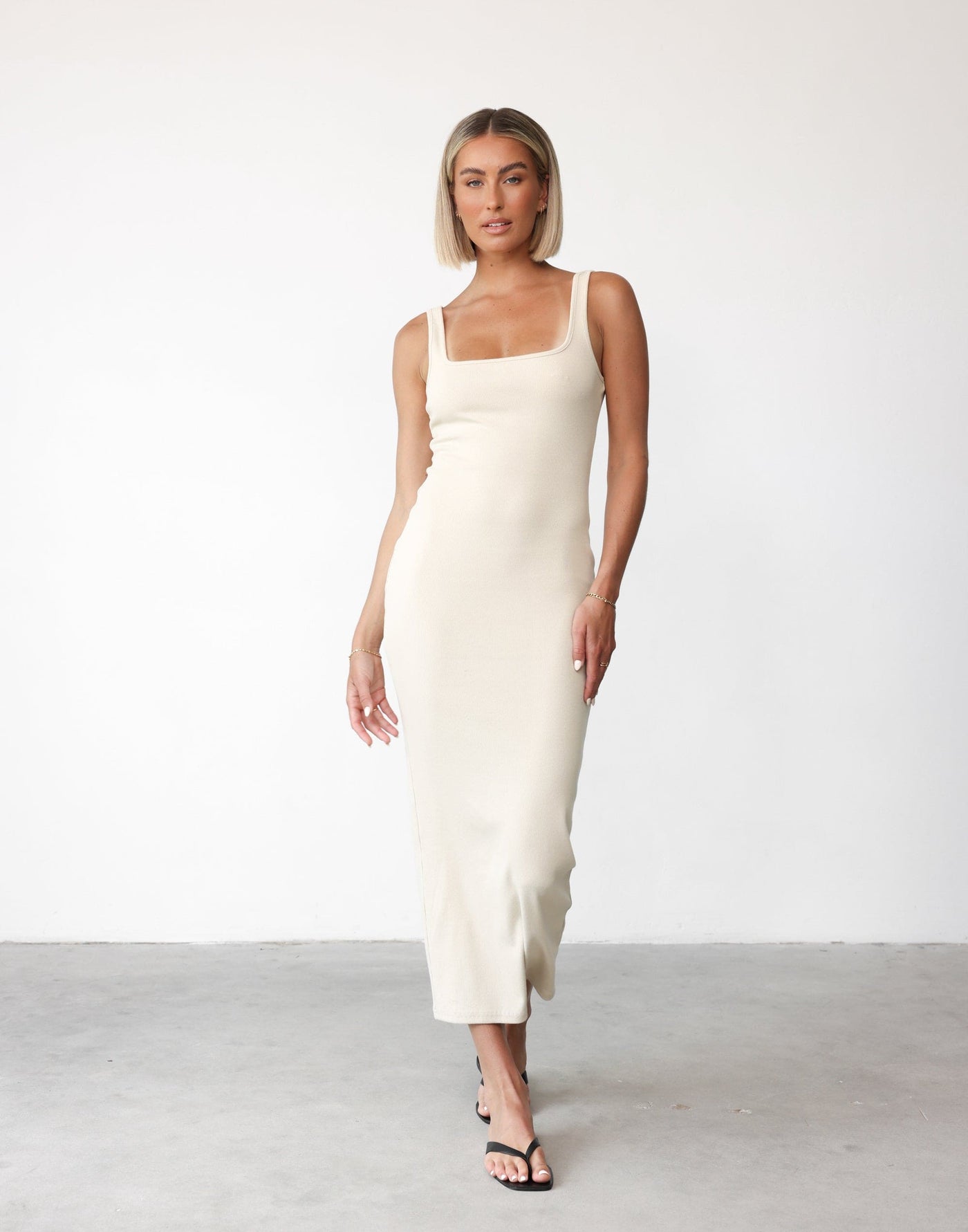 Lenika Maxi Dress (Beige) - Bodycon Knit Round Square Neck Maxi - Women's Dress - Charcoal Clothing