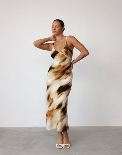 Zaya Maxi Dress (Desert) | CHARCOAL Exclusive - Printed V-neck Flared Skirt Maxi Dress - Women's Dress - Charcoal Clothing