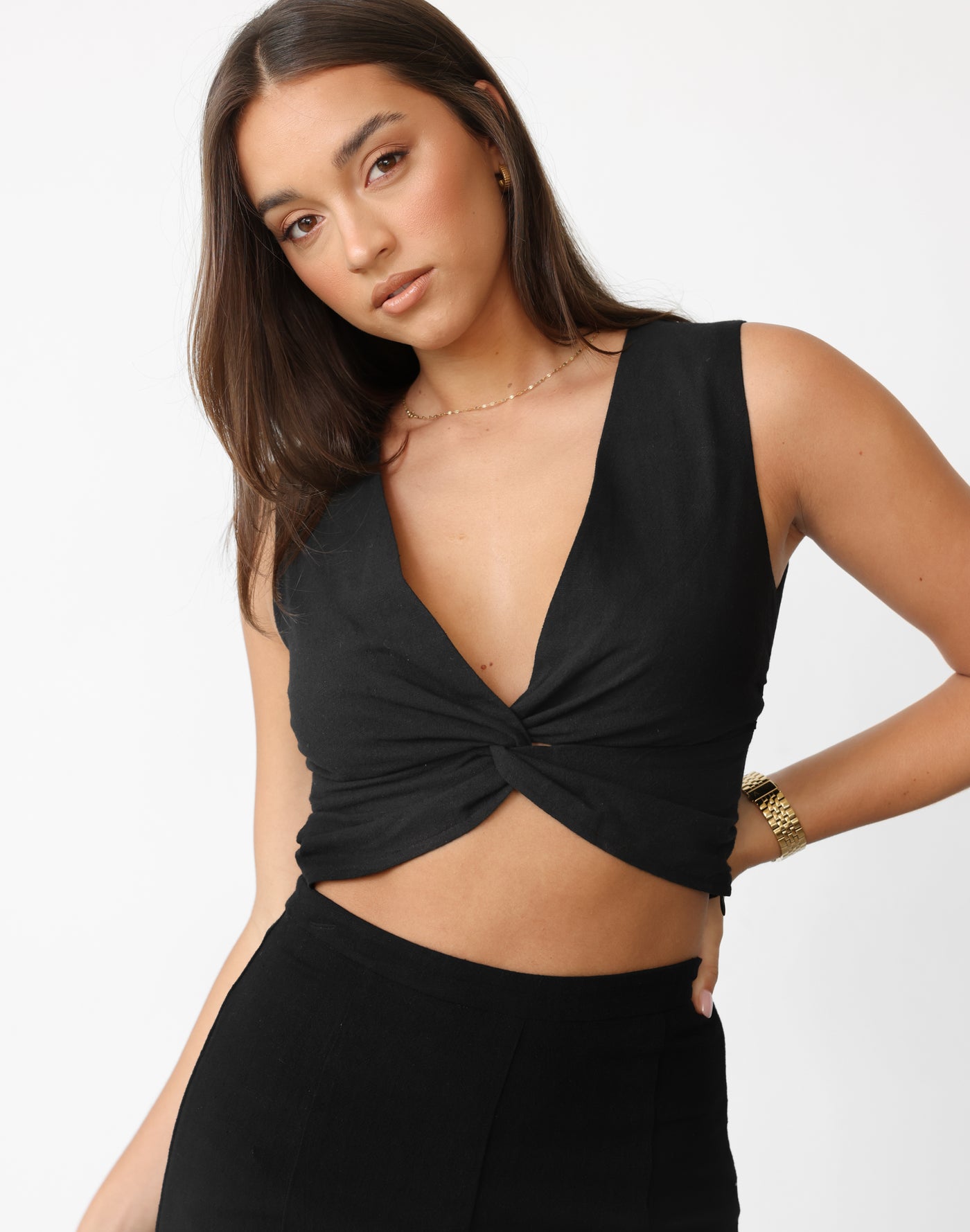 Eden Top (Black) | CHARCOAL Exclusive - Twisted Front Detail Cropped Linen Blend Top - Women's Top - Charcoal Clothing