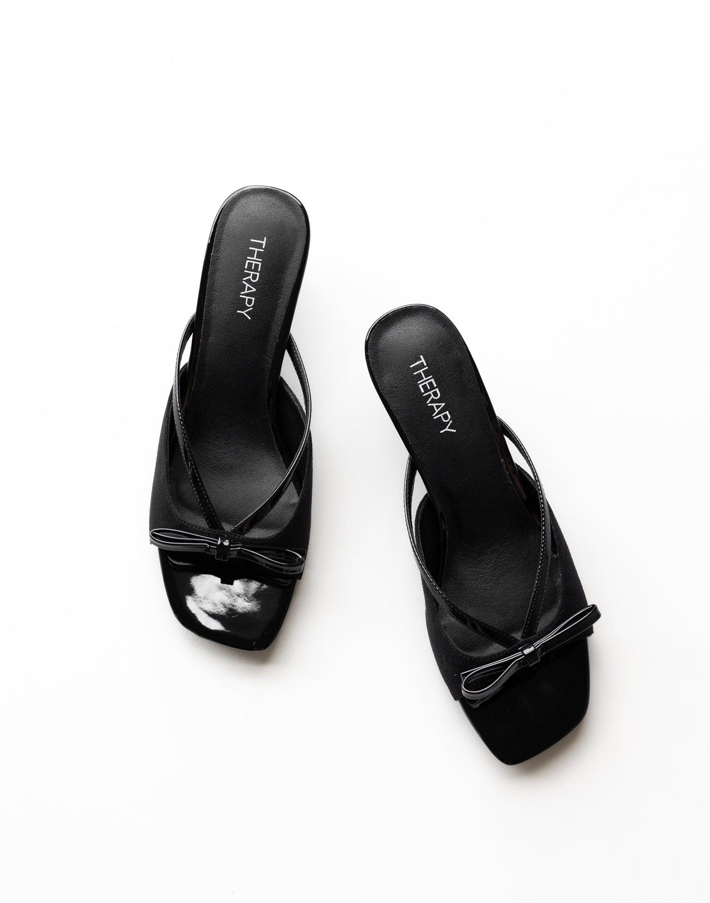 Lulu Heel (Black Microsuede) - By Therapy - Kitten Open Toe Bow Detail Heel - Women's Shoes - Charcoal Clothing