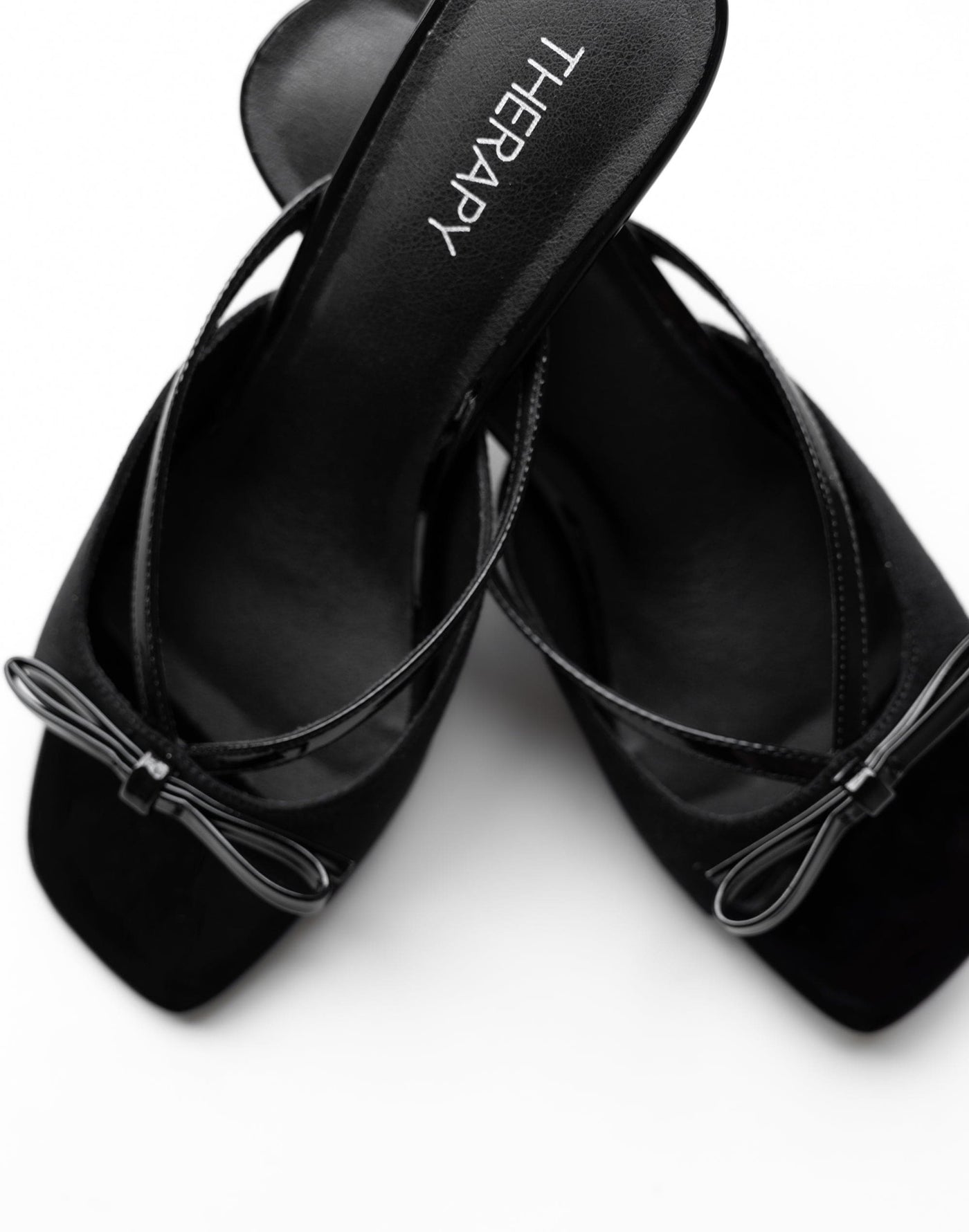 Lulu Heel (Black Microsuede) - By Therapy - Kitten Open Toe Bow Detail Heel - Women's Shoes - Charcoal Clothing