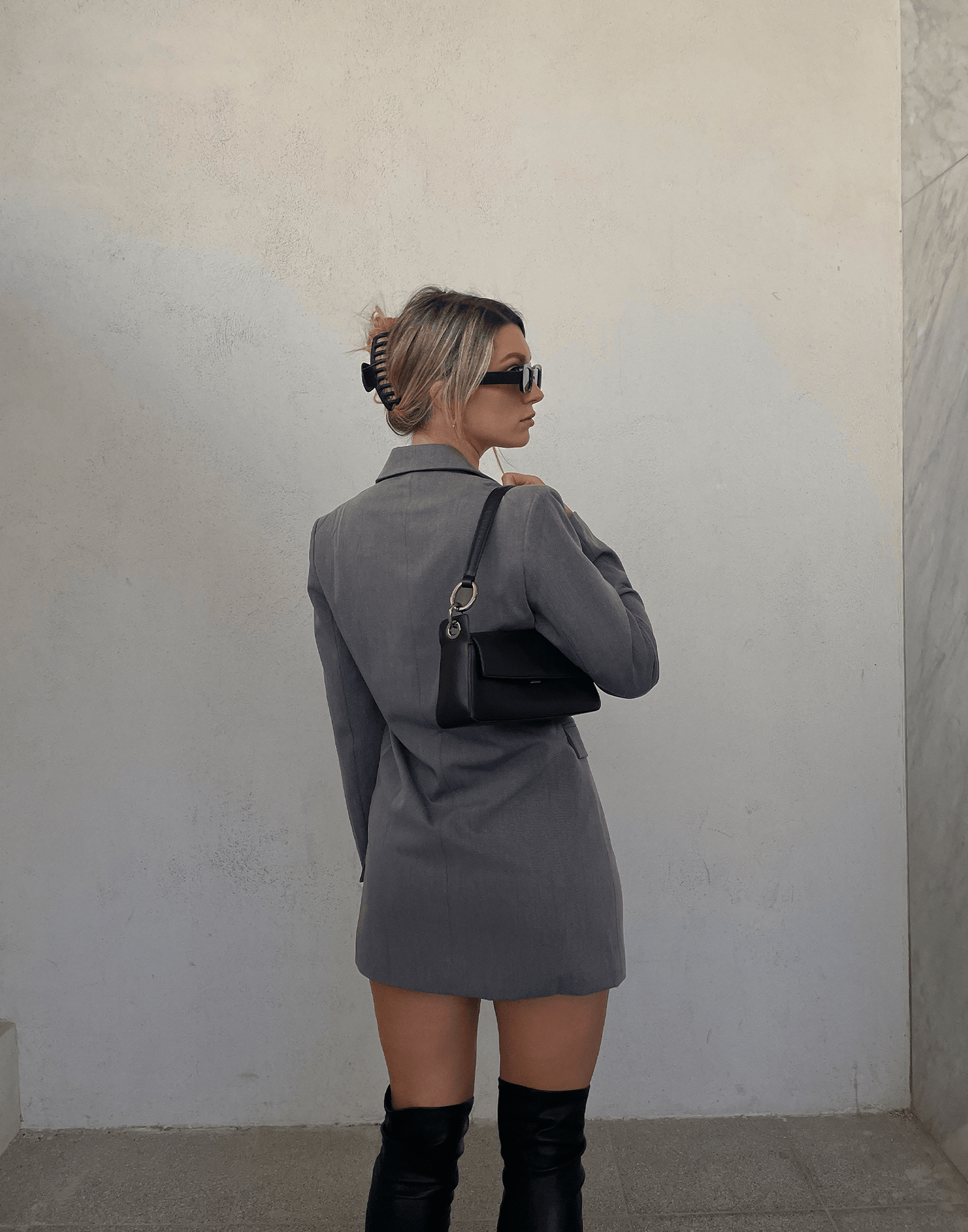 Aueten Blazer Dress (Dark Grey) - Grey Asymmetrical Hem Blazer Dress - Women's Dress - Charcoal Clothing