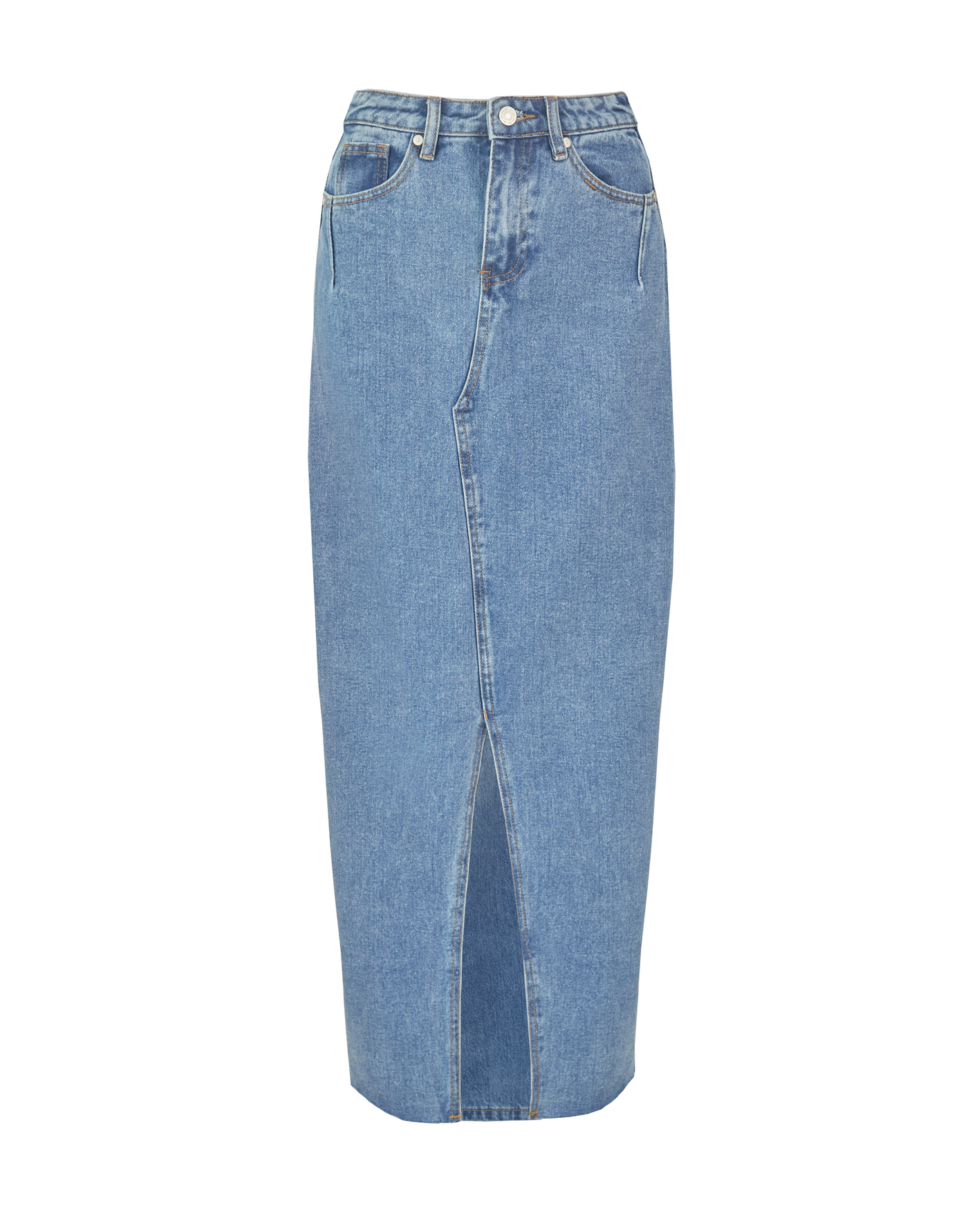 Drew Denim Midi Skirt (Mid Wash) - Mid Wash Blue Denim Midi Skirt ...