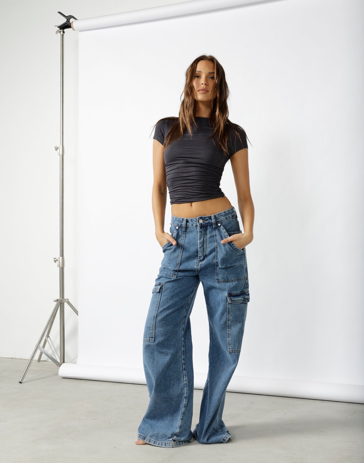 Adrian Cargo Jeans (Mid Wash) - Mid Wash Blue Cargo Jeans - Women's Pants - Charcoal Clothing