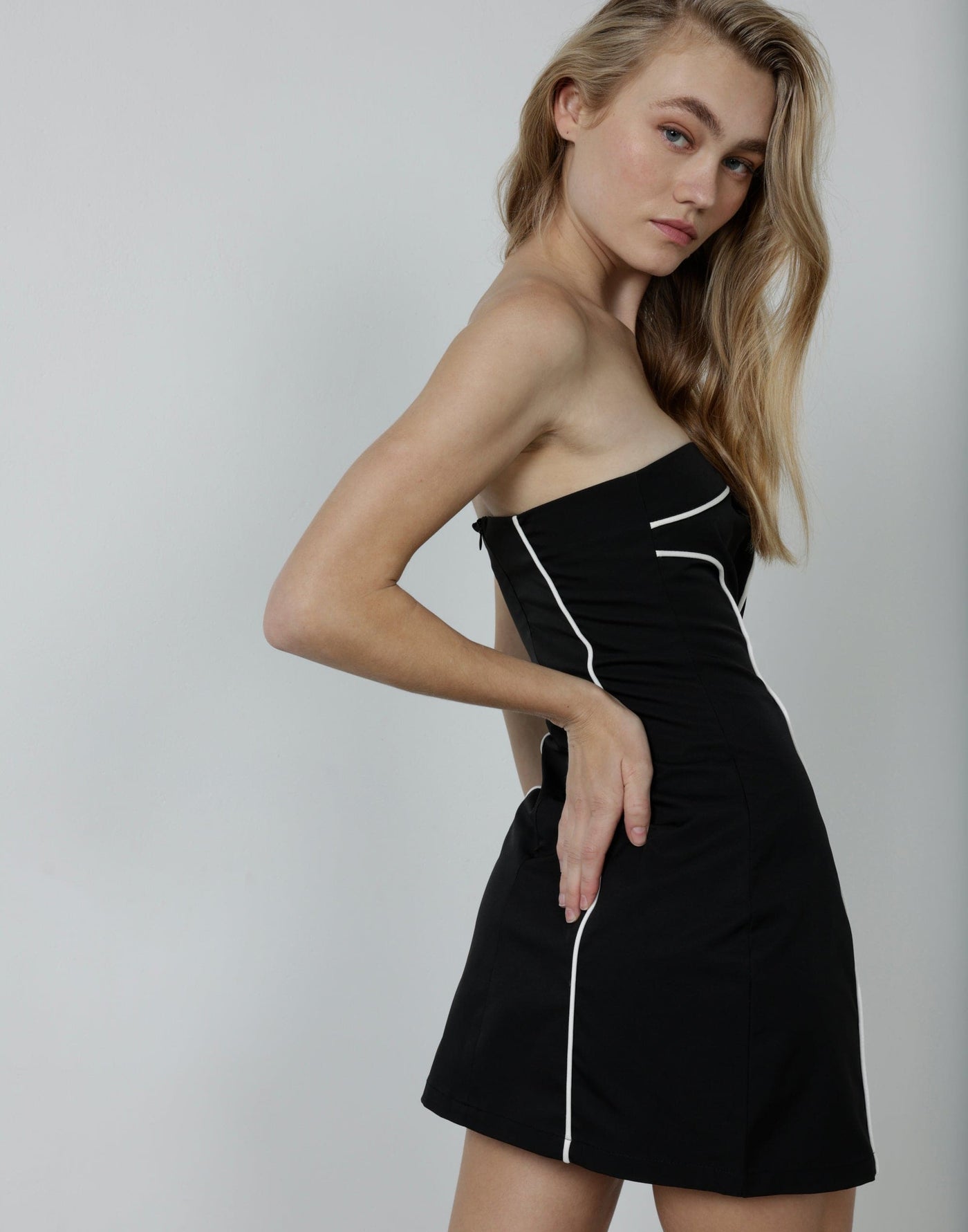 Electric Mini Dress (Black) - White Contrast Stitching Mini Dress - Women's Dress - Charcoal Clothing