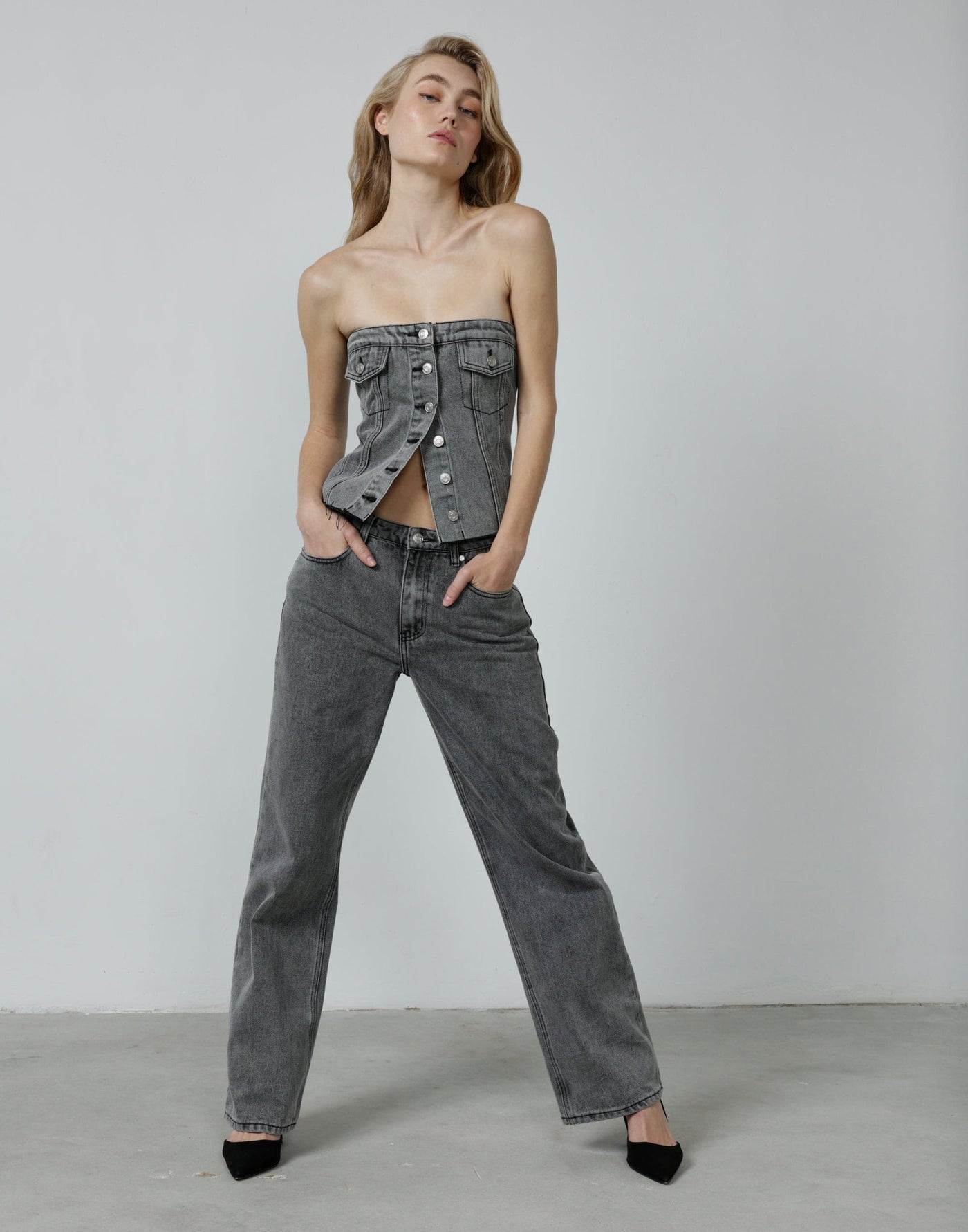 Collision Denim Corset Top (Acid Wash) - Grey Denim Strapless Corset - Women's Top - Charcoal Clothing