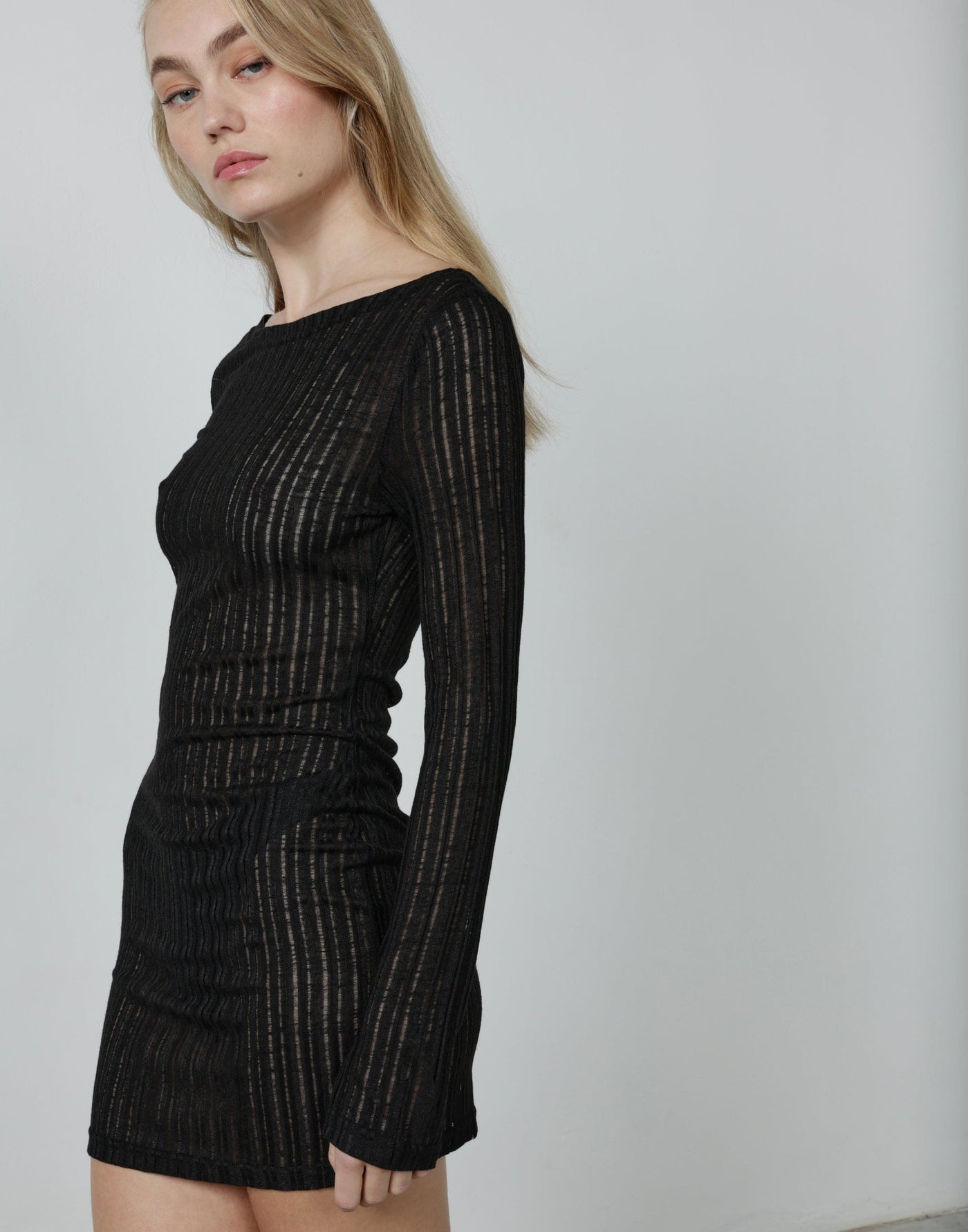 Harper Mini Dress (Black) - Sheer Knit Long Sleeve Mini Dress - Women's Dress - Charcoal Clothing