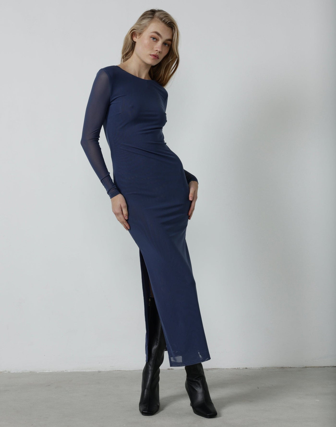 Luna Mesh Maxi Dress (Storm Blue) - Mesh Backless Long Sleeve Maxi Dress - Women's Dress - Charcoal Clothing