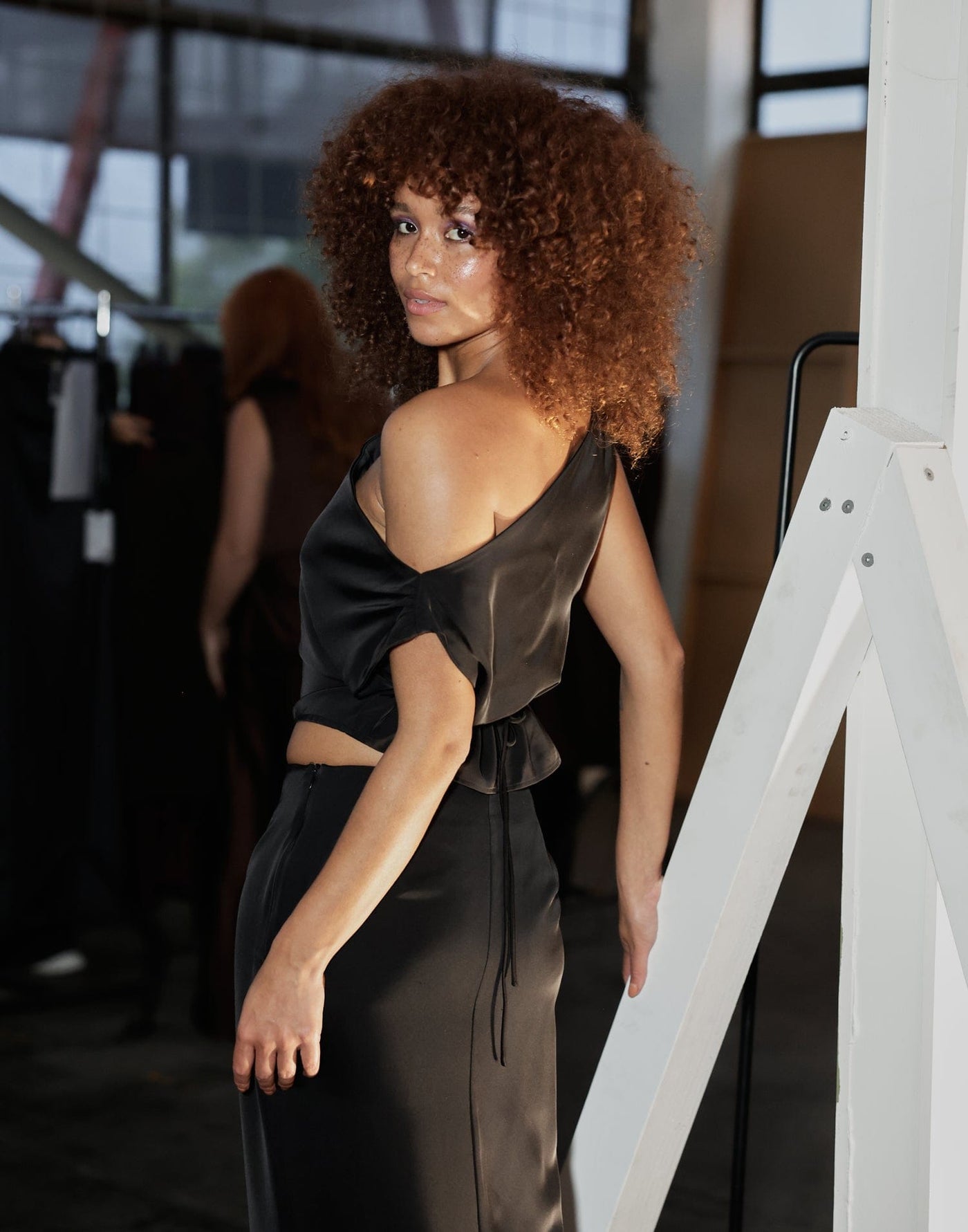 Viviana Top (Black) - Black Silky One Shoulder Crop Top - Women's Top - Charcoal Clothing